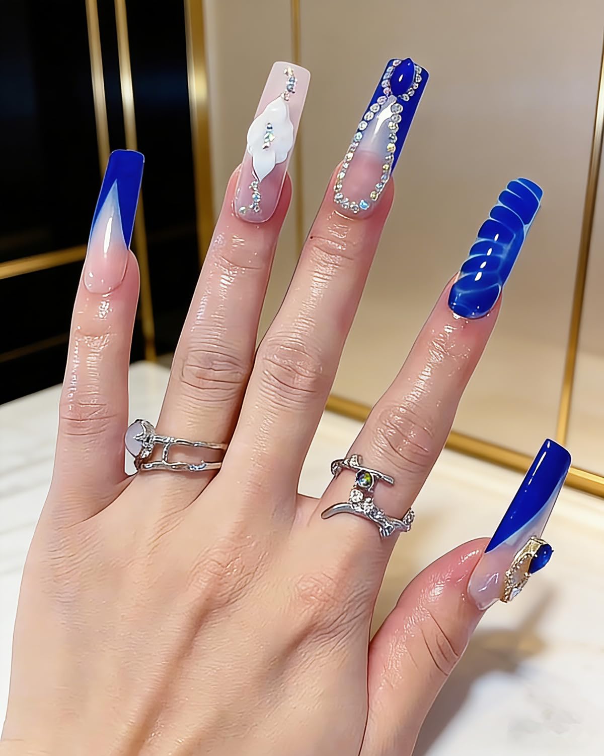 CAMILCY Luxury Handmade Coffin Press on Nails Long Length Blue Water Ripple Gem Flower Design Glossy Full Cover Acrylic Fake Nails for Women 10pcs (B22, S)