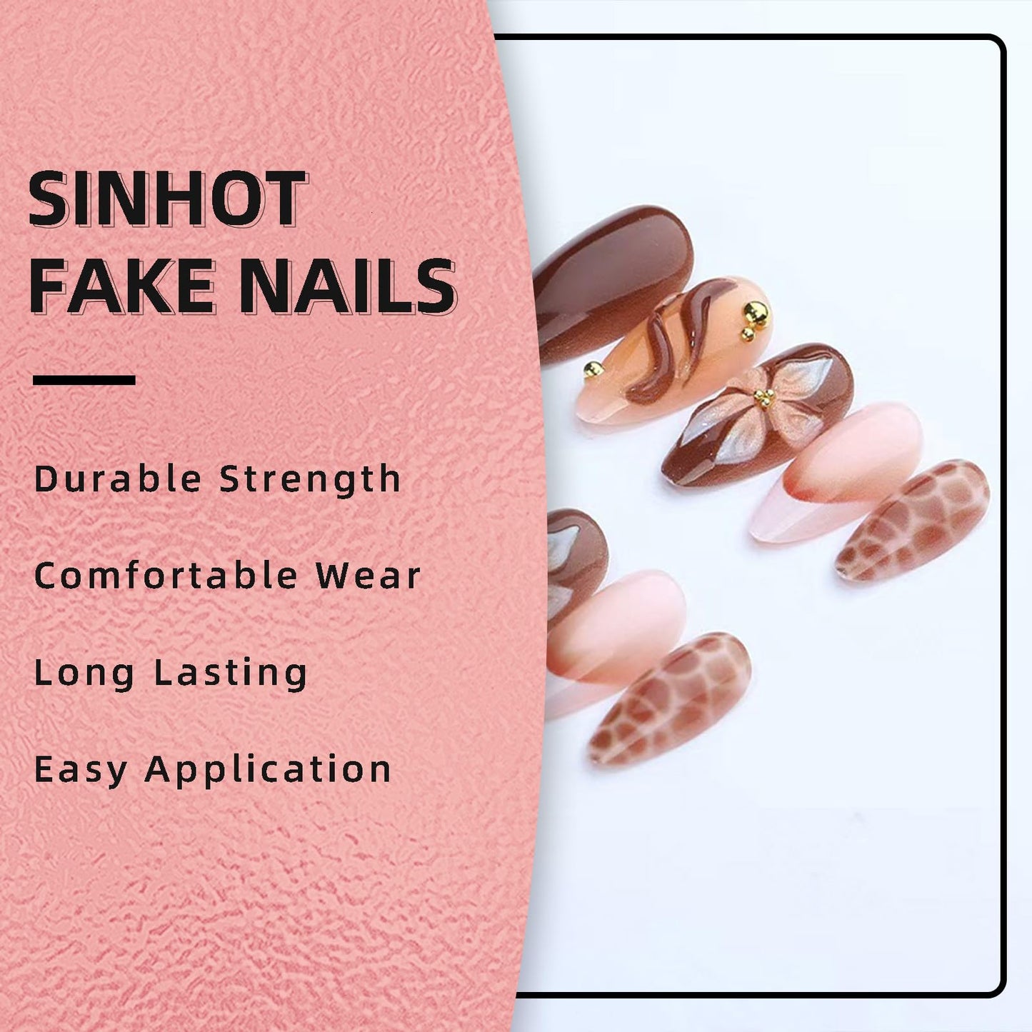 SINHOT Press on Nails - Medium Almond Fake Nails, Glossy Finish, 3D Flower & Brown Swirl, DIY Artificial False Nail Art - 24 Pcs Nail Kit with Glue