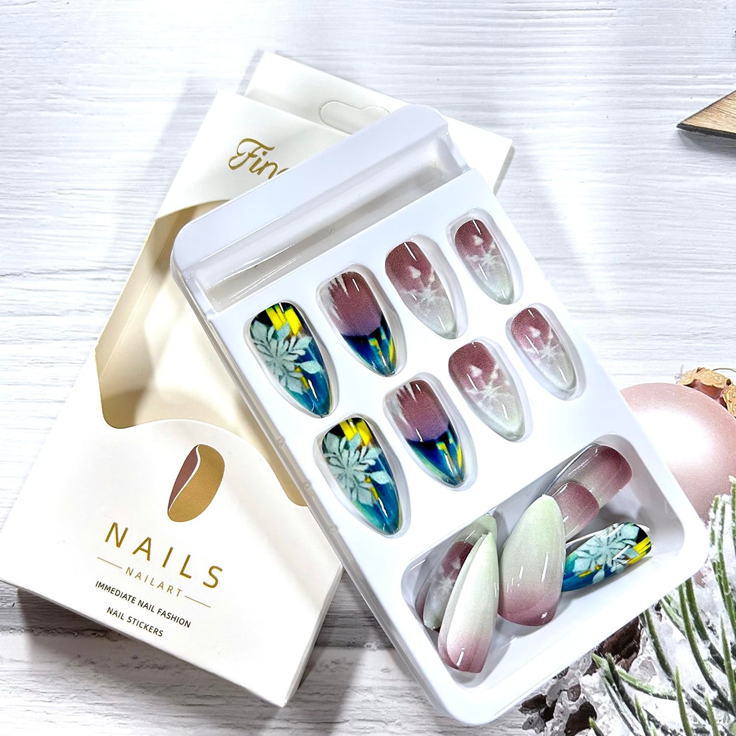 CJDLTS Christmas Press on Nails Long Almond Artificial Acrylic Fake Nails French Tip False Nail Gradient Snowflake Stick on Nail Full Cover Winter Artificial Fingernails for Women Festival Manicure