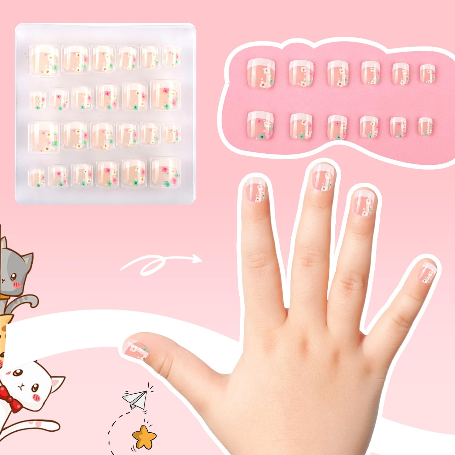 Kawyehu Kids Press on Nails Children Fake Nails 72PCS Artificial Nail Tips Adhesive Full Cover Short False Fingernails for Girls Kids Nail Decoration (French Donut Heart)