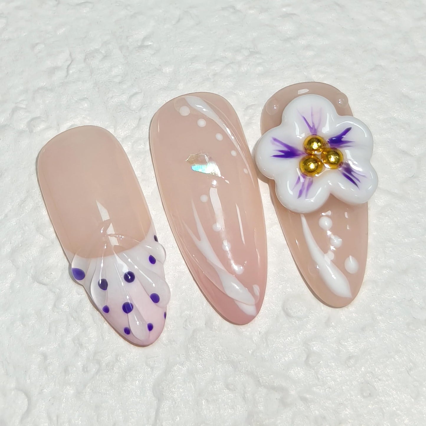 TENPAL Handmade Soft Lilac French Tips Press on Nails Medium Almond with 3D Glitter Floral & Pearl, Handmade & Reusable, Sheer Flattering False Nails for Everyday Summer Wear 10PCS(M)