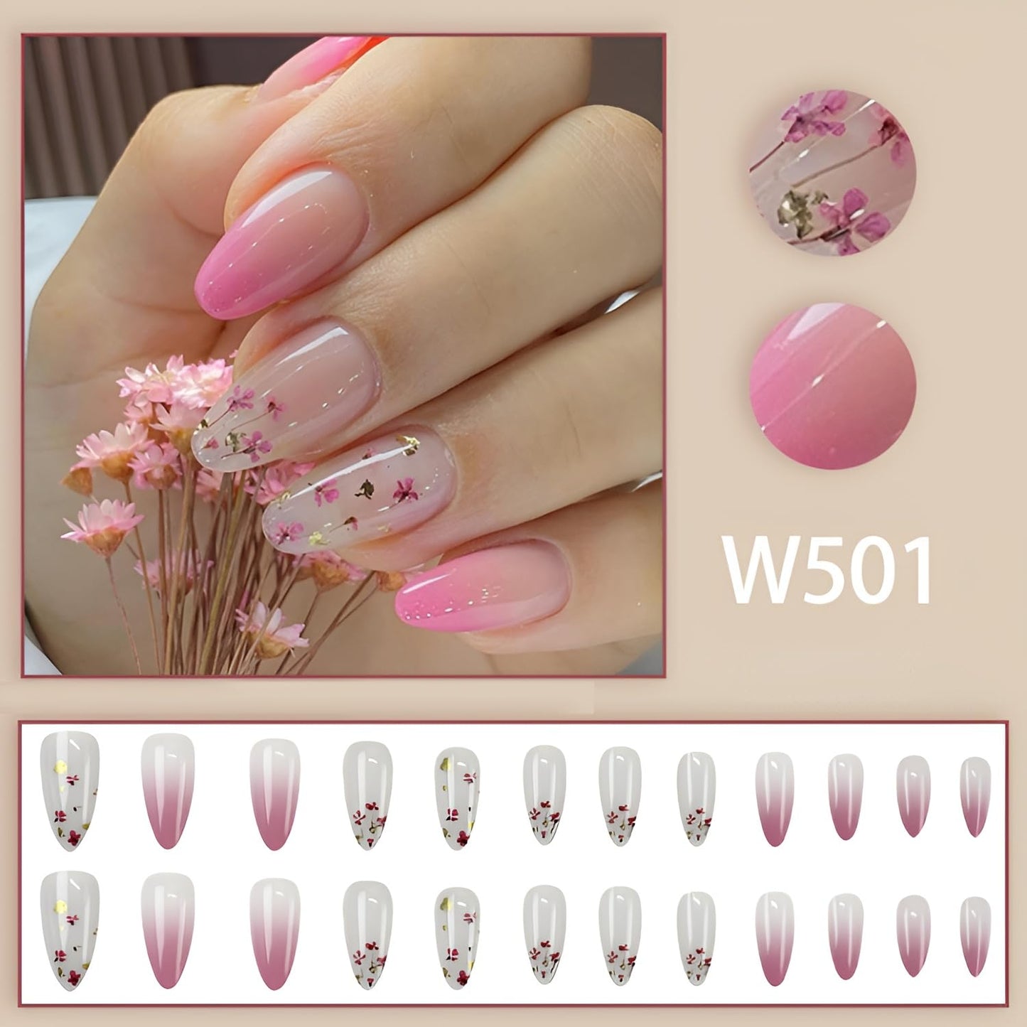 6 Packs（144Pcs）Flower Press on Nails Short Almond Fake Nails with Flower Design Summer Spring Nails Press ons Acrylic Nails Glossy Glue on Nails Full Cover Stick on Nails for Women Girls