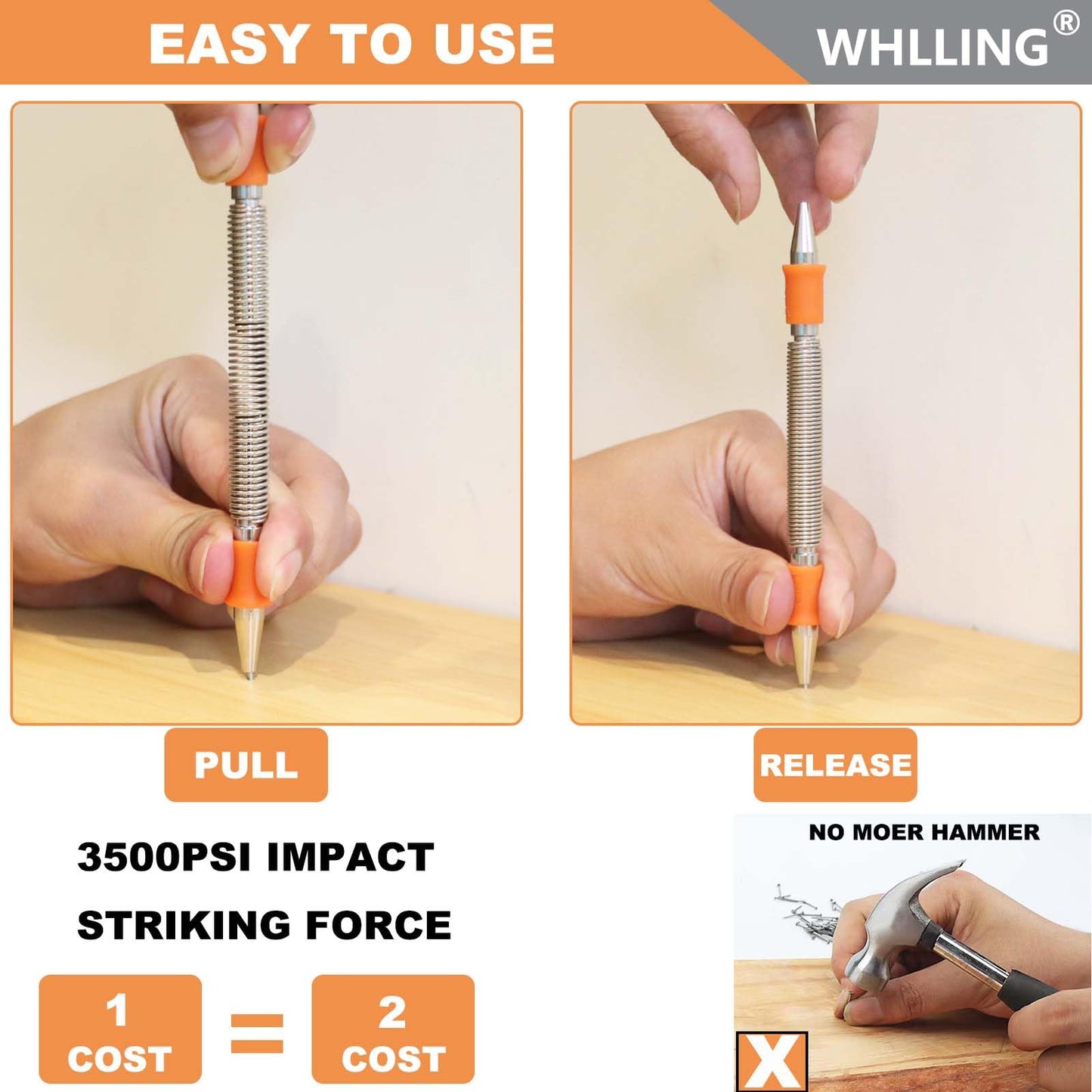 WHLLING 4 Pieces Dual Head Nail Setter, Dual Head Center Punch, Door Hinge Pin Removal Tool and Cold Chisel, Spring Nail Set, Spring Loaded Punch（1/8-in, 3/32-in, 3/16-in, 1/16-in, 5/16-in, 1/8-in）