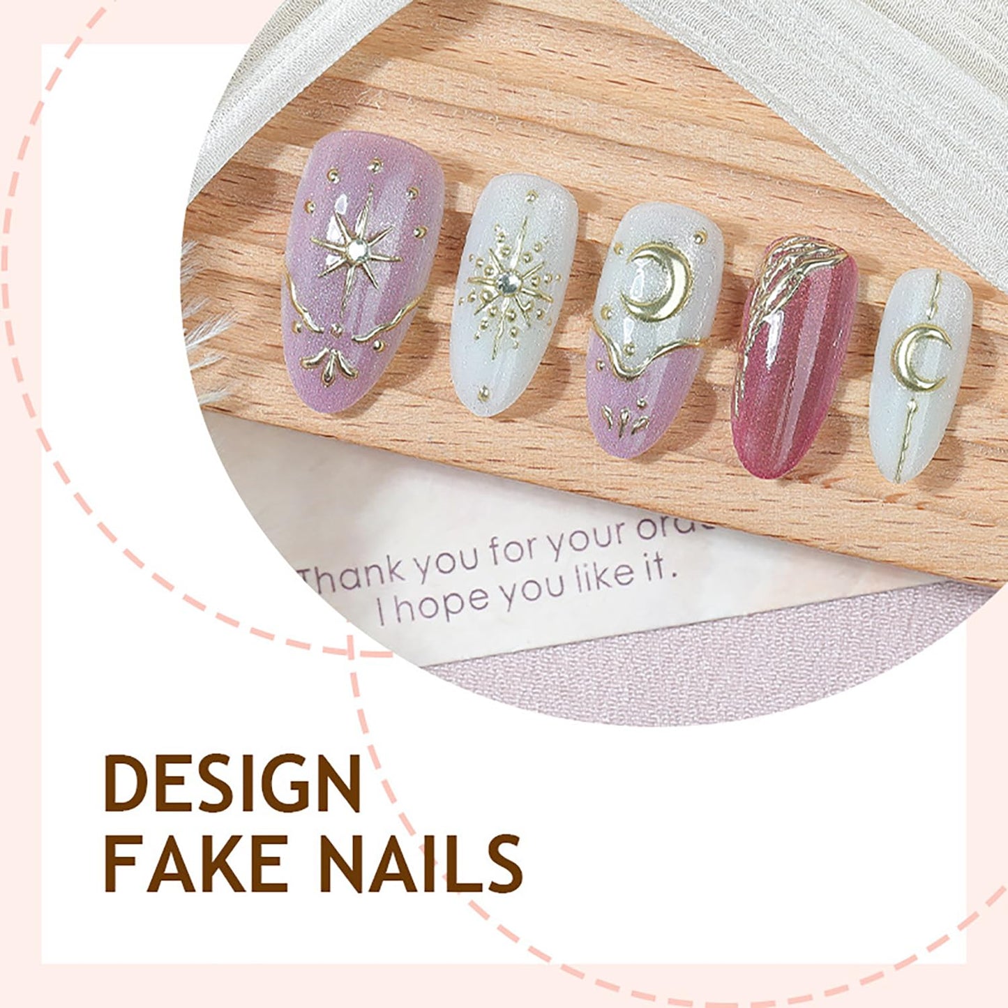 30Pcs Almond Press on Nails Medium Length Pink French Tip Fake Nails with Bohemia Designs Gold Stars Moon False Nails Glitter Pink Acrylic Nail Star Full Cover Glue on Nails for Women Nail Decorations