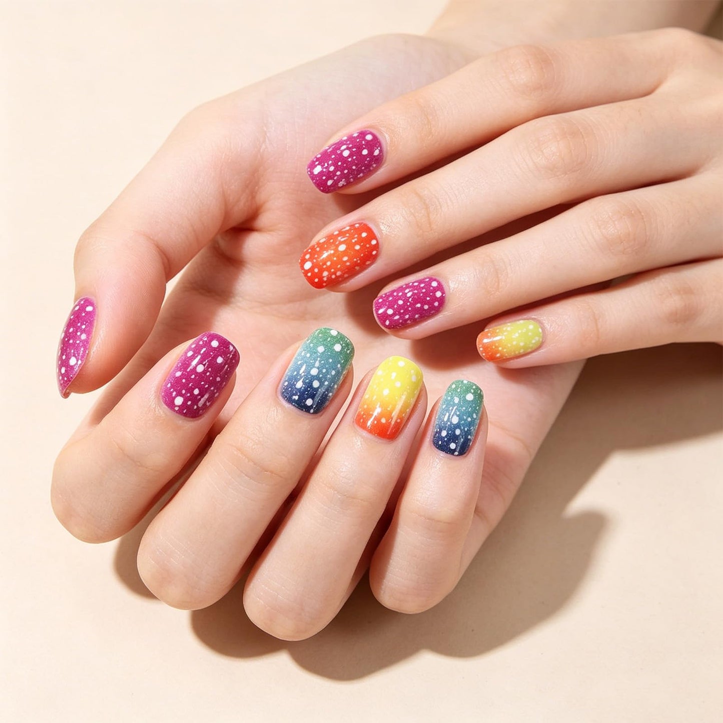 Polka Dots Press on Nails with Rainbow Design Glossy Multicolor Fake Nail Ombre Short Square False Nails Summer Stick on Nail Gradient Glue on Artificial Fingernails for Women Daily Wear