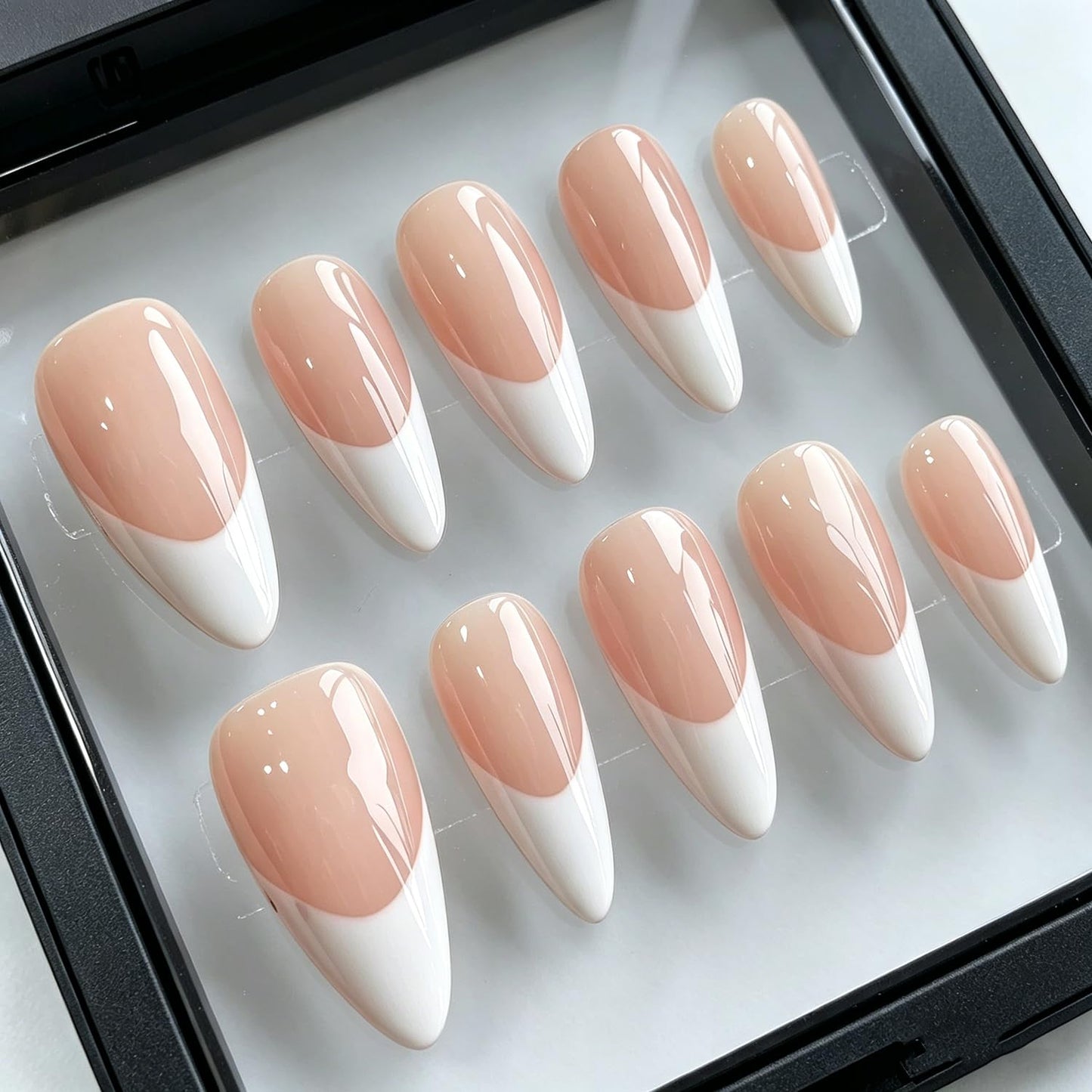 Luxury Press on Nails Long Almond Handmade Unique Reusable ABS Material Fake Nails White French Tip False Nails Elegant Glossy Glue on Nail Thick Acrylic Nail(S)