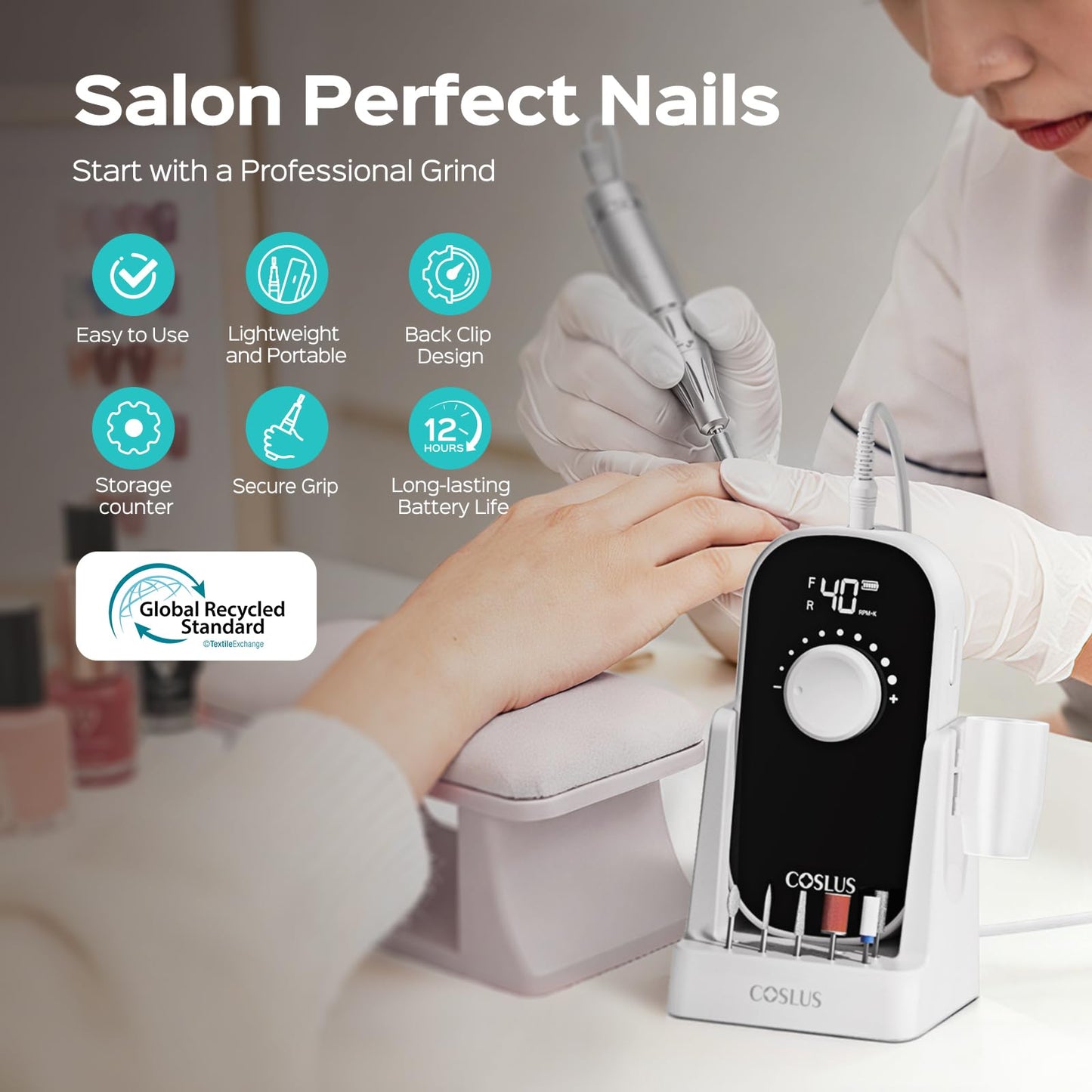 COSLUS E51 Electric Nail Drill Professional: 40000 RPM Rechargeable Nail File with Stand for Acrylic Nails, Stable & Smooth Grinding, Easy to Use, Ideal for Women Beginners, Home DIY and Salon White