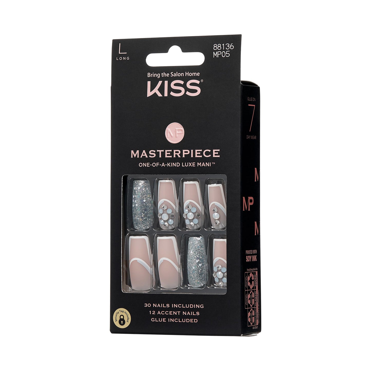 KISS Masterpiece One-Of-A-Kind Luxe Manicure – Long, Square - Members Only, Waterproof, Durable, Flexible, No Damage, Trendy & Intricate Nail Art From Home, Lasts Up to 7 Days | 30 Count