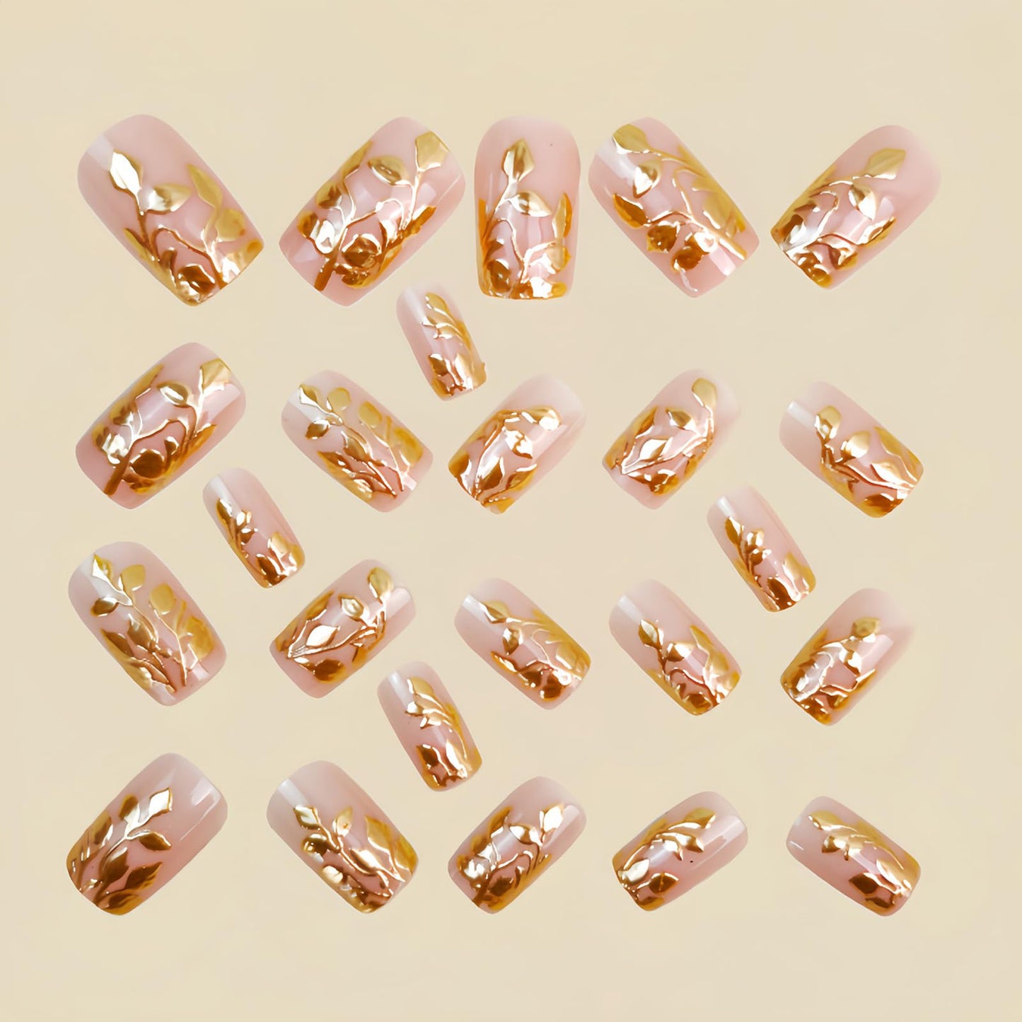 SINHOT Square Press on Nails - Short Fake Nails, Glossy Finish, Gold Chrome Leaves & Nude Natural, DIY Artificial False Nail Art - 24 Pcs Nail Kit with Glue