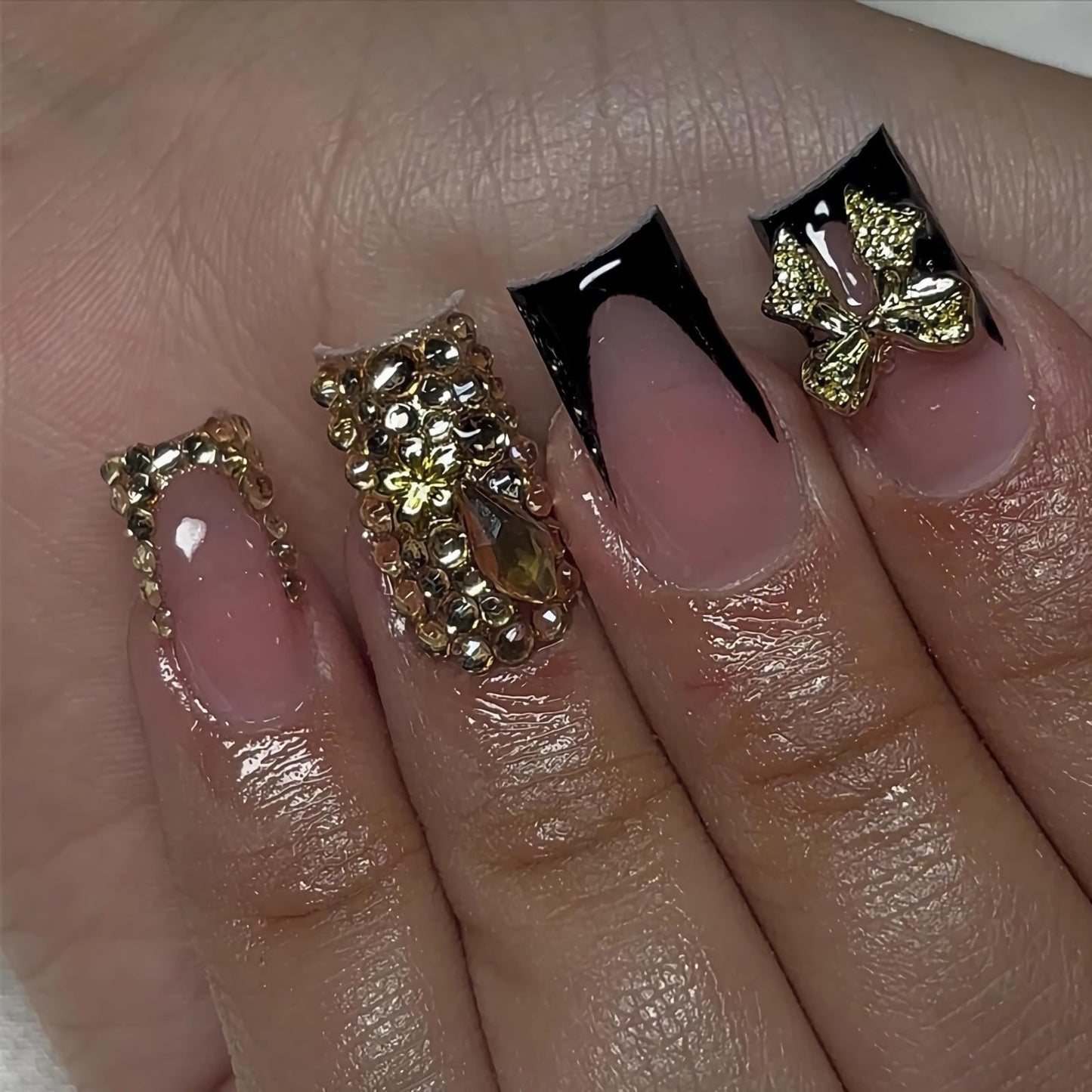 BABALAL Press on Nails Short Black Gold Fake Nails Square Glue on Nails French Tip Rhinestone Luxury Acrylic False Nails with Bow Charm Bling Gel Nails 24Pcs Handmade Squoval Nails for Women Girls