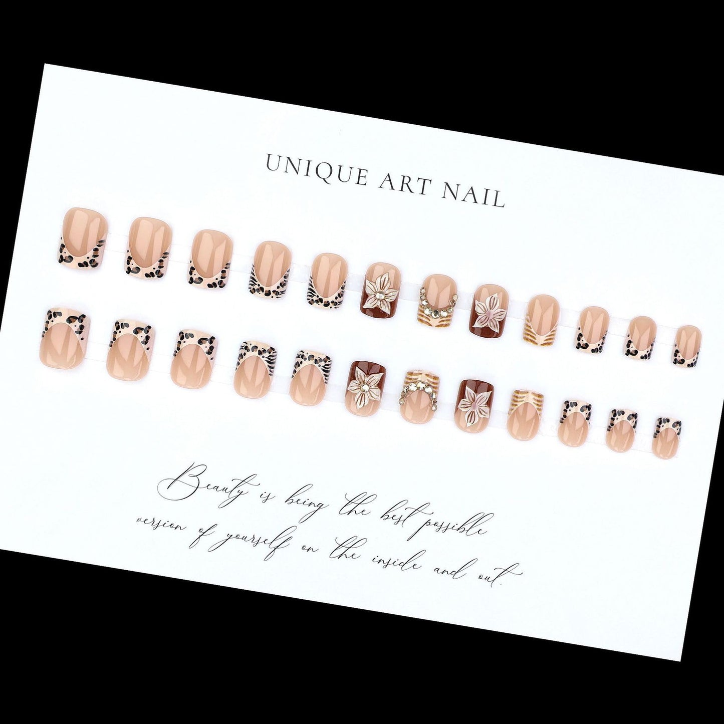 Short Square Press on Nails Fake Nails Artificial Nail Stick on Nail for Women, Nude Pink Leopard Print with 3D Flowers & Glam Gold Accents