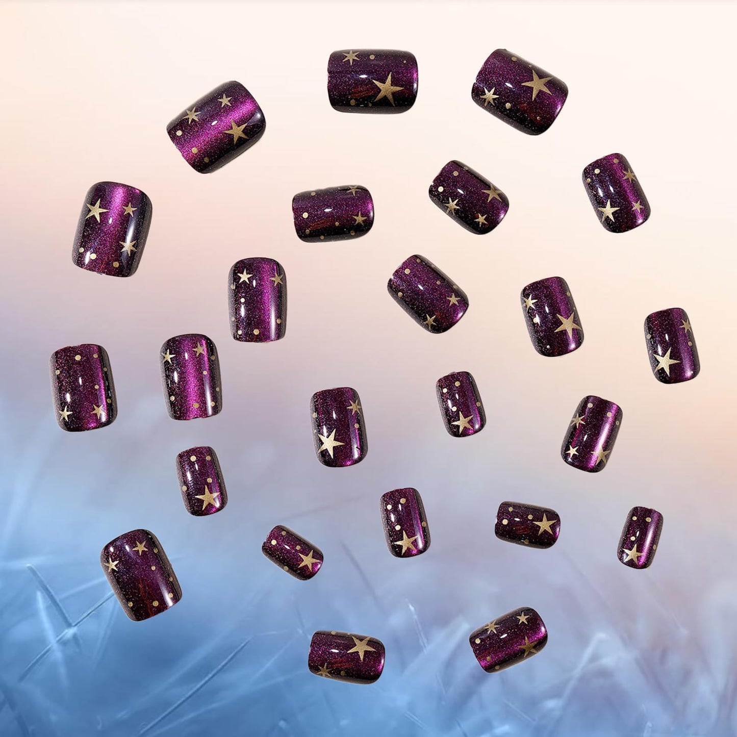 HZJXRT Press on Nails 24 Pcs Starry Sky Gel Glue on Nail Glossy Purple Glitter Stick on Fingernail Gold Stars Acrylic Fake Nail Polka Dots Short Square False Nails for Coquette Women Gift
