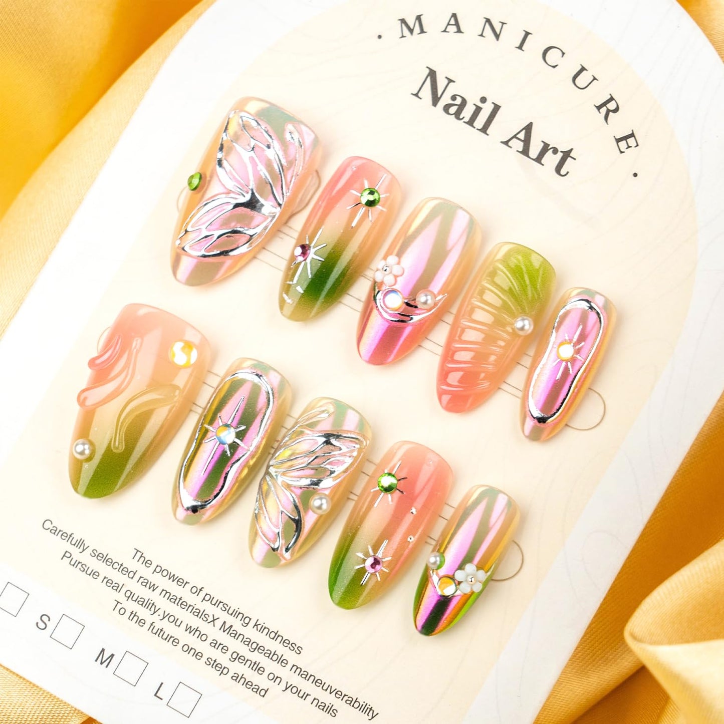 30Pcs Pink Green Smudge Press on Nails Medium Almond French Tip Fake Nails with 3D Rhinestone Design Butterfly Flower False Nails Glitter Full Cover Star Chrome Silver Acrylic Stick on Nails for Women