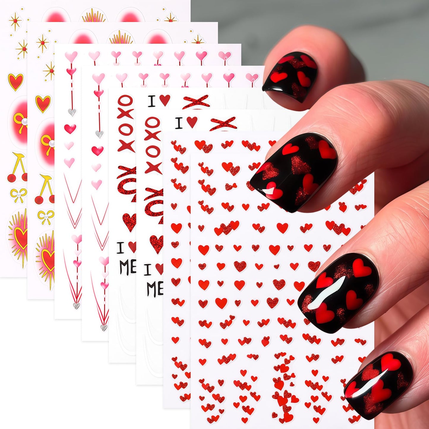 8Pcs Heart Nail Stickers Glitter Shiny Love Nail Decals 3D Self Adhesive Pearl Bow Cherry Nail Art Stickers Valentines Day Red Ombre Gold Hearts Designs Pink Heart French Line Nail Supplies for Women