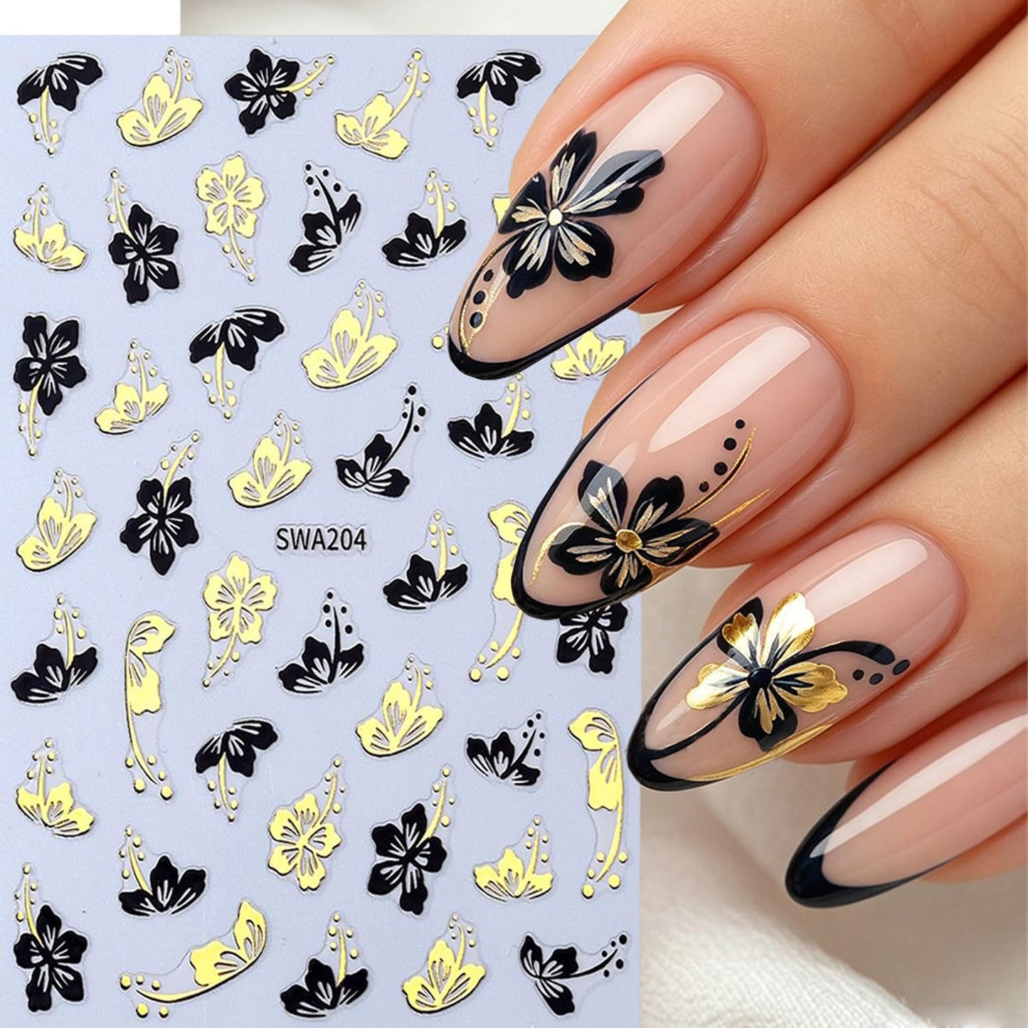 6 Sheets Flower Nail Art Stickers 3D Self -Adhesive Hibiscus Nail Decals Holographic Gold Silver Black Hibiscus Floral Nails Stickers for Women Spring Summer Acrylic Nails Decoration Supplies