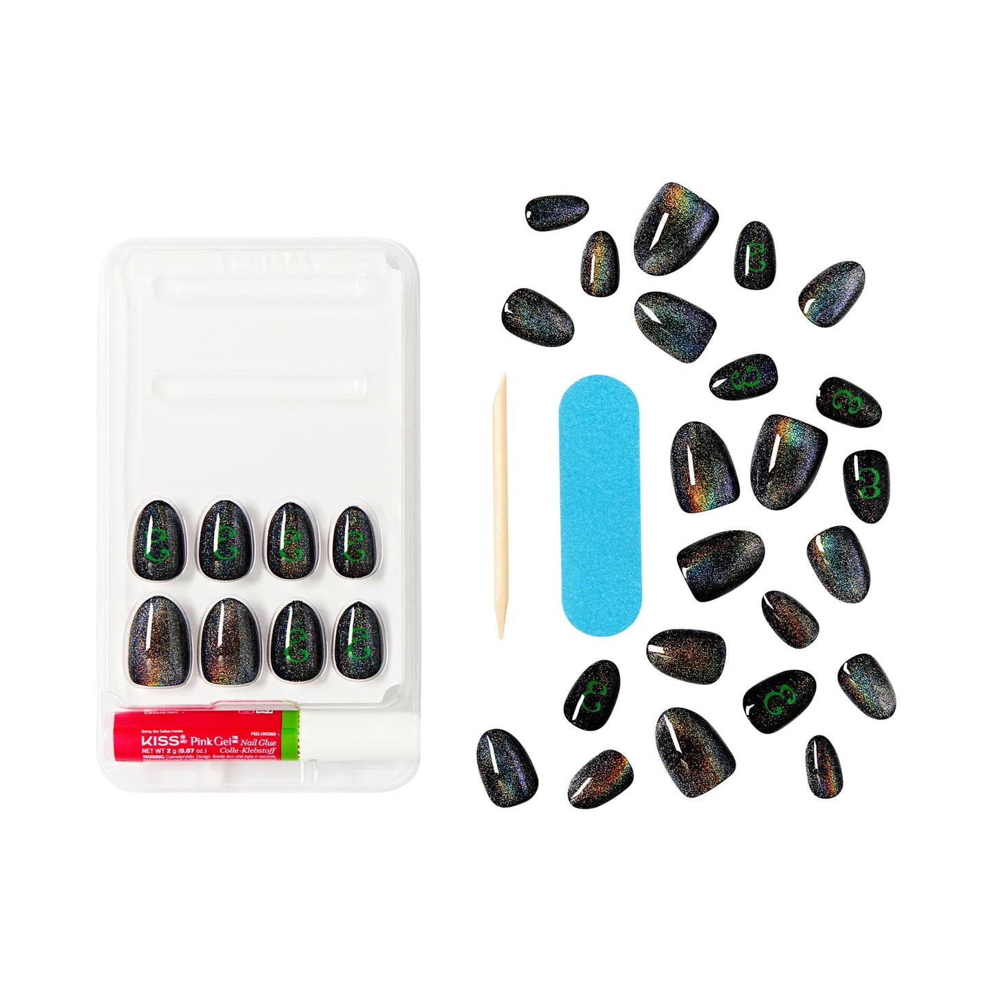 WICKED X KISS Press On Nails Almond, ‘I Look Good in Green’, Green, Short, Waterproof, Chip Proof, Smudge Proof, 28 Fake Nails, Pink Gel Nail Glue (2g), Mini Nail File, & Manicure Stick