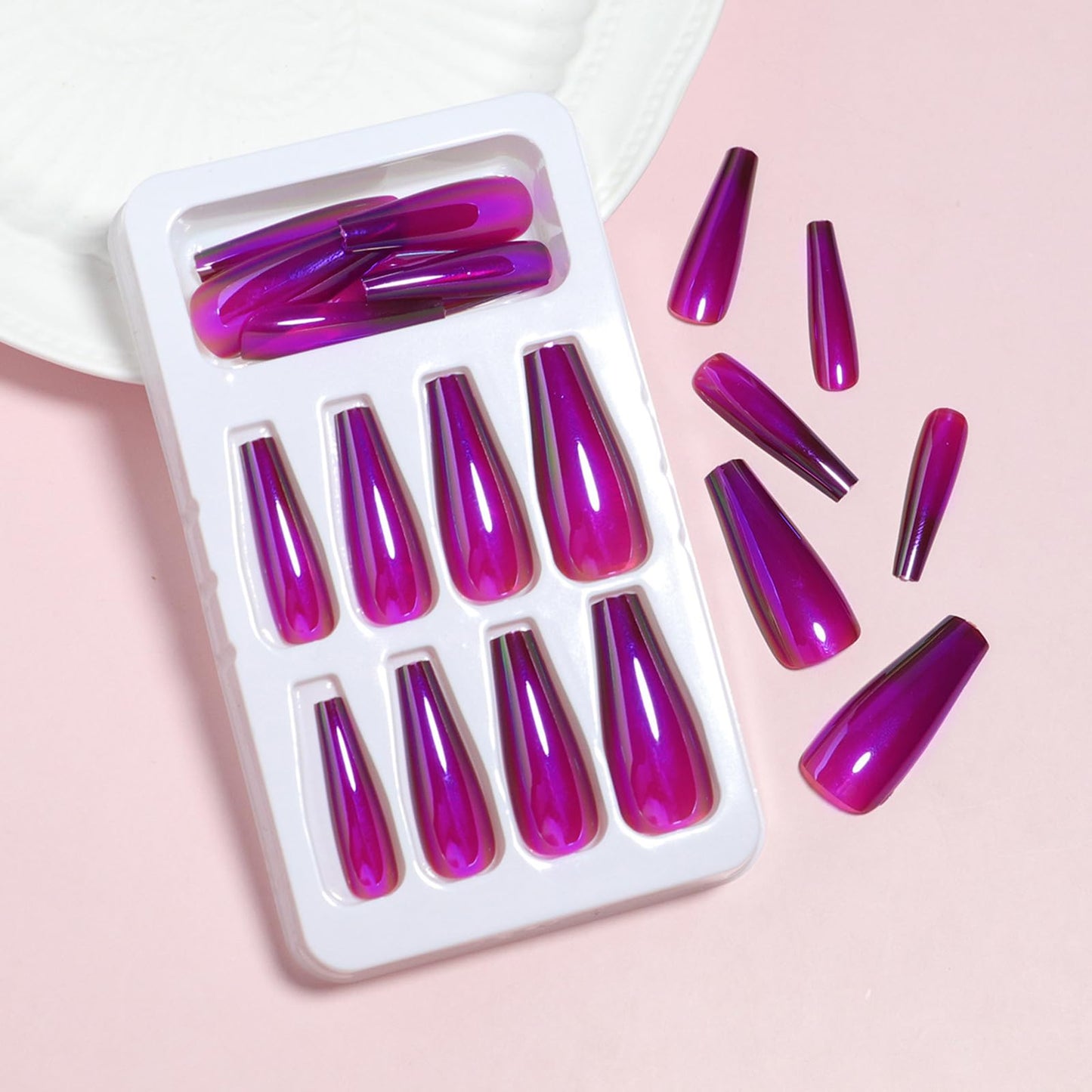 Chrome Press on Nails Long Coffin Fake Nails Deep Purple Glossy False Nails Shiny Acrylic Nail Tips Holographic Metal Glue on Nails Reusable Full Cover Acrylic Stick on Nail for Women 24Pcs