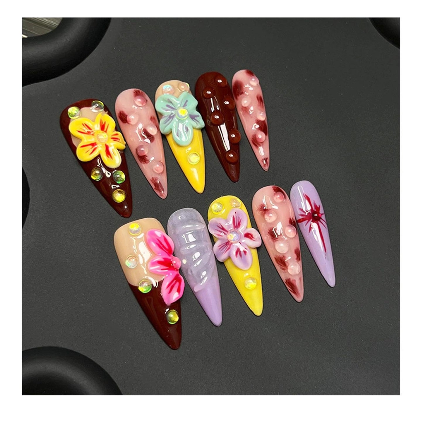 Handmade 3D Sweet Retro Floral Stiletto Press On Nails, Colorful Rhinestone Artisan Nails Set, Reusable Glossy Press-ons with Tool Kit (XS)