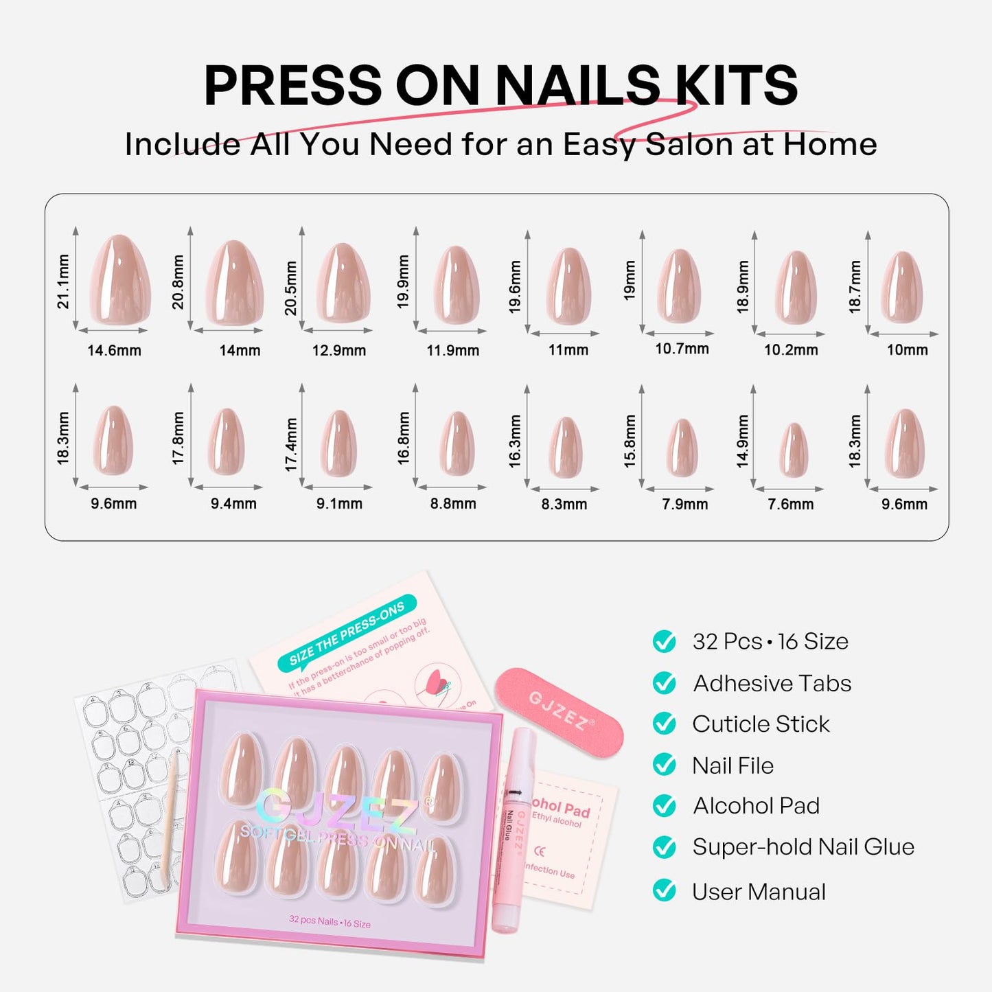 Champagne Chrome Glazed Donut Press on Nails Short - GJZEZ Soft Gel Pastel Almond Fall Fake Nails Press Ons, Ultra-Glossy Holographic Pearlescent Iridescent False Nail | 16 Sizes - 32 Reusable Nail