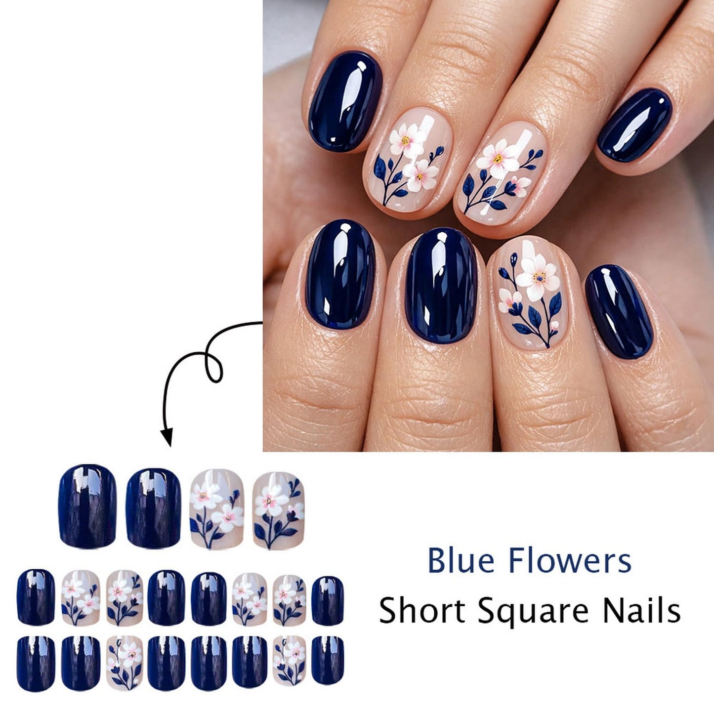 24pcs Blue Press on Nail Flower Fake Nails Glossy Full Cover Stick on Nail with Acrylic designs Floral Glue on Nails Reusable Short Square False Nails for Women Spring Summer Work Manicure