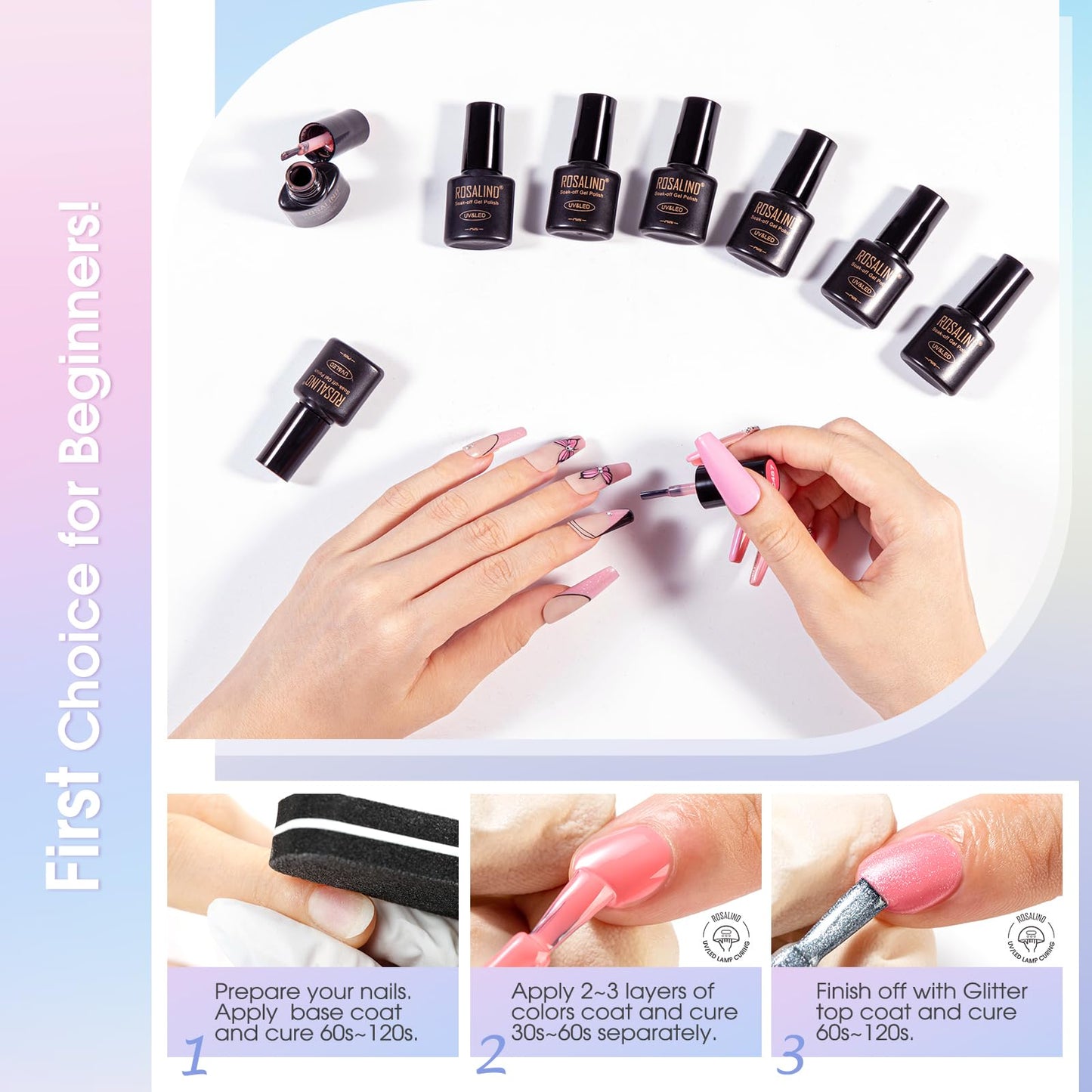 ROSALIND 80 PCS Gel Polish Set with 5PCS Top Coat and Base Coat，75 Multi-Colred u v Gel Nail Polish Kit Soak Off Nail Set for Women
