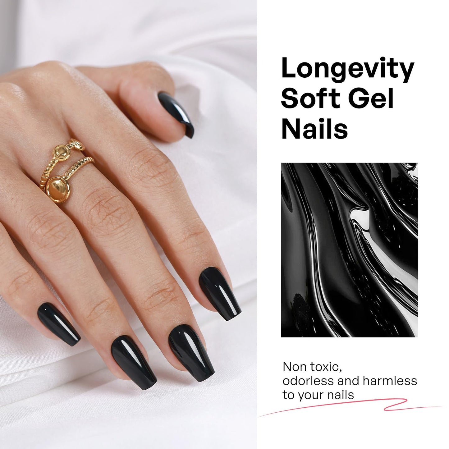 Black Coffin Halloween Press on Nails Medium - GJZEZ Soft Gel Ballerina Glossy Square False Nails, Natural Fit T-Shape Acrylic Glue on Nail for Women | 16 Sizes - 32 pcs Reusable Nails, Classic Black