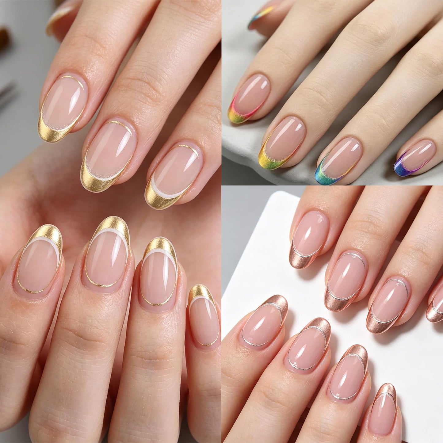 10 Sheets Colorful French Nail Stickers for Nail Art, 3D Self-Adhesive Gold Sliver Rosegold French Nail Decals, Red French Lines Nail Supplies Designs Accessories for Women Girls Manicure DIY