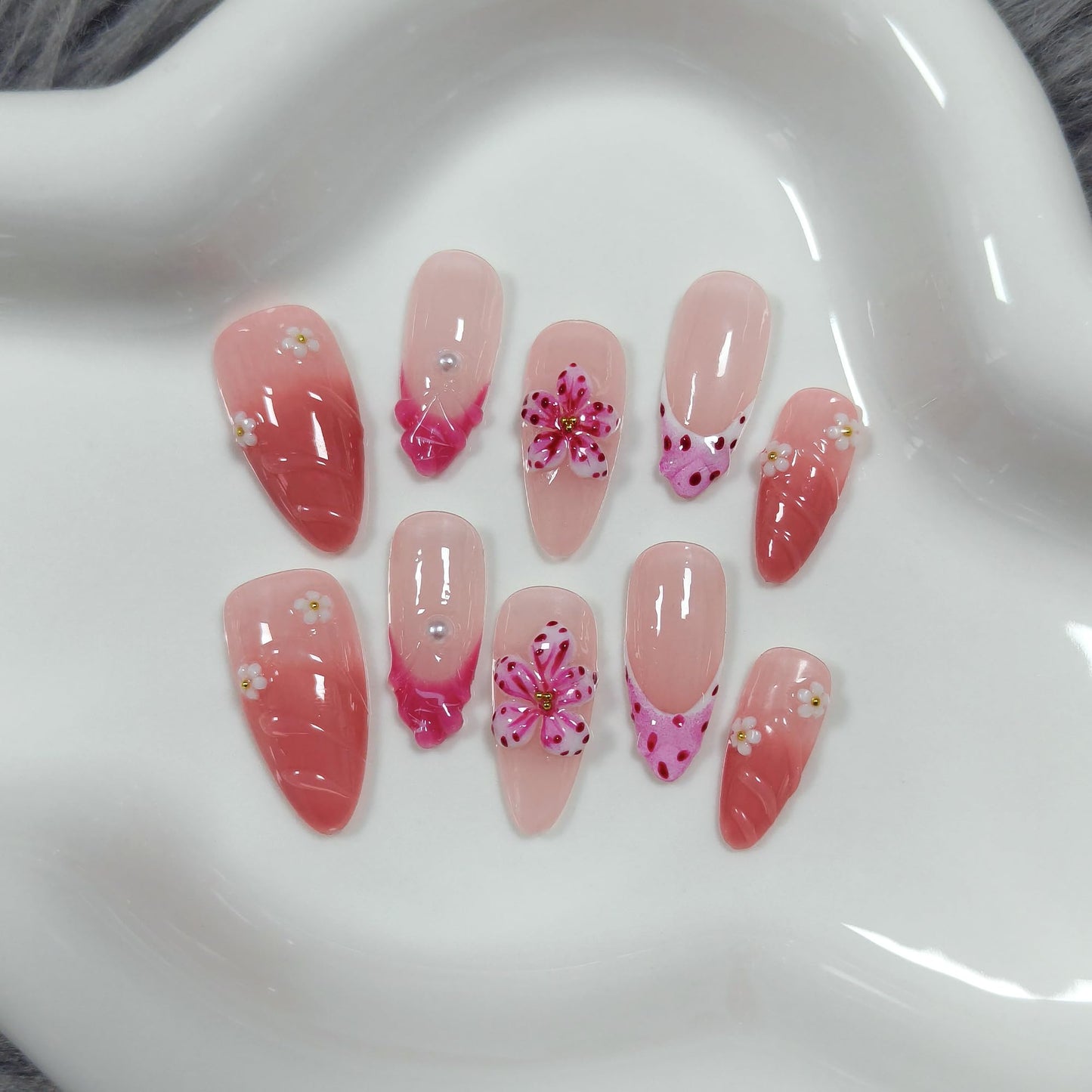 TENPAL Almond Press on Nails - Pink French Ombre & 3D Texture with Polka Dot & Wave Carving, Reusable & Handmade False Nails for Spring Summer | Sweet Watercolor Style(XS)