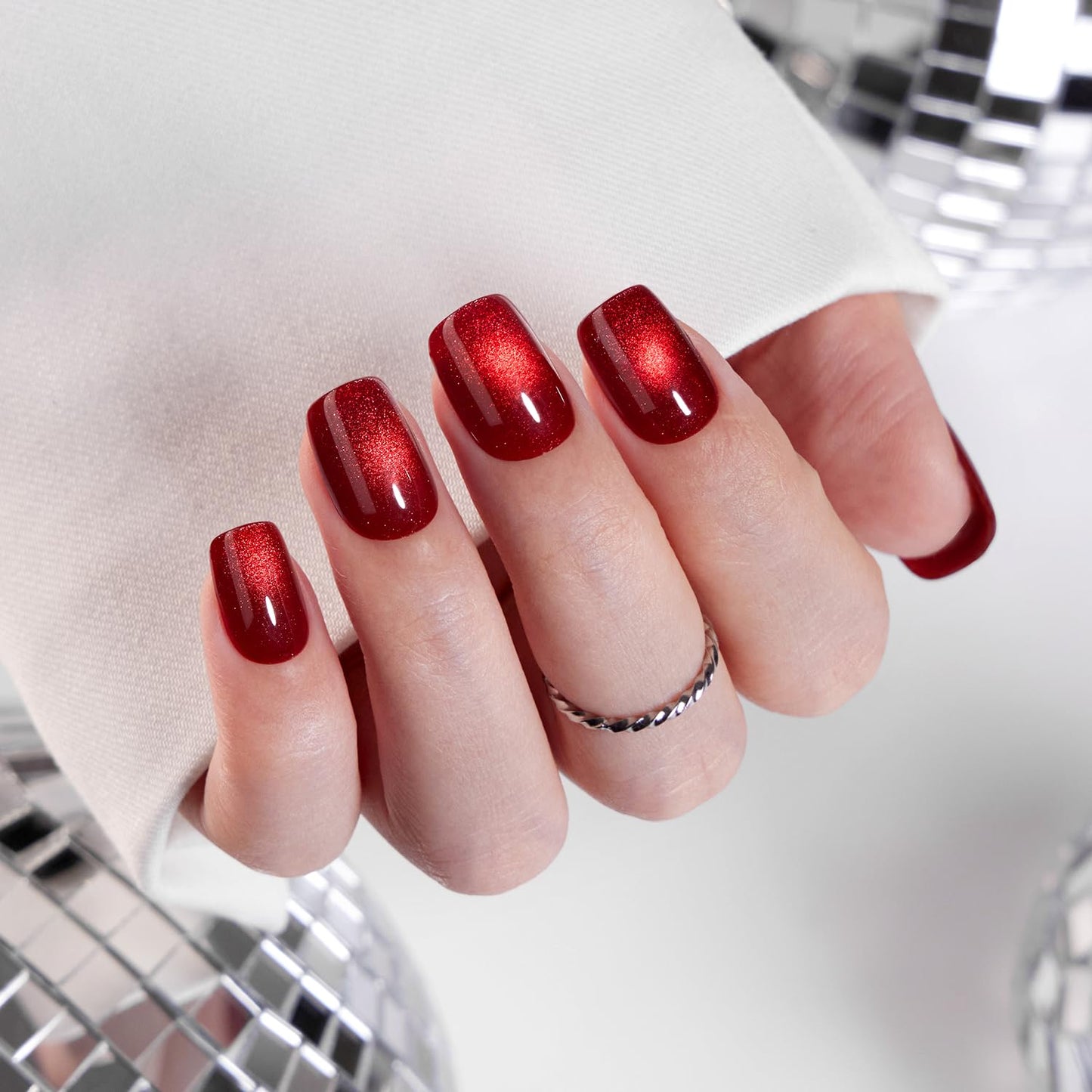 VSALON Press on Nails Short Square - Burgundy Red Cat Eye Glitter Fake Nails, Reusable Opaque Gel Magnetic Effect Fake Nails with Glue & Cuticle Oil - 32 PCS in 16 Sizes
