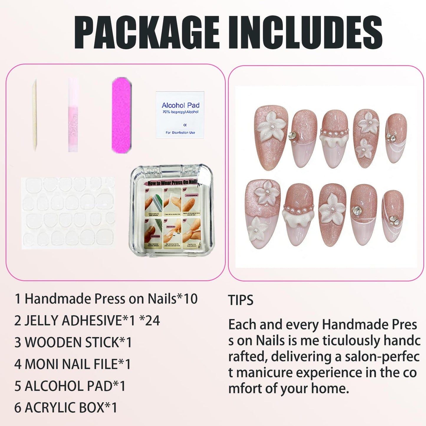 Handmade Press On Nails Medium Almond Cute Pink Cat-Eye Water Droplet Carving Reusable Wedding Prom And Festival Gift Handmade Acrylic Press On Nails Aacrylic Nail (M)