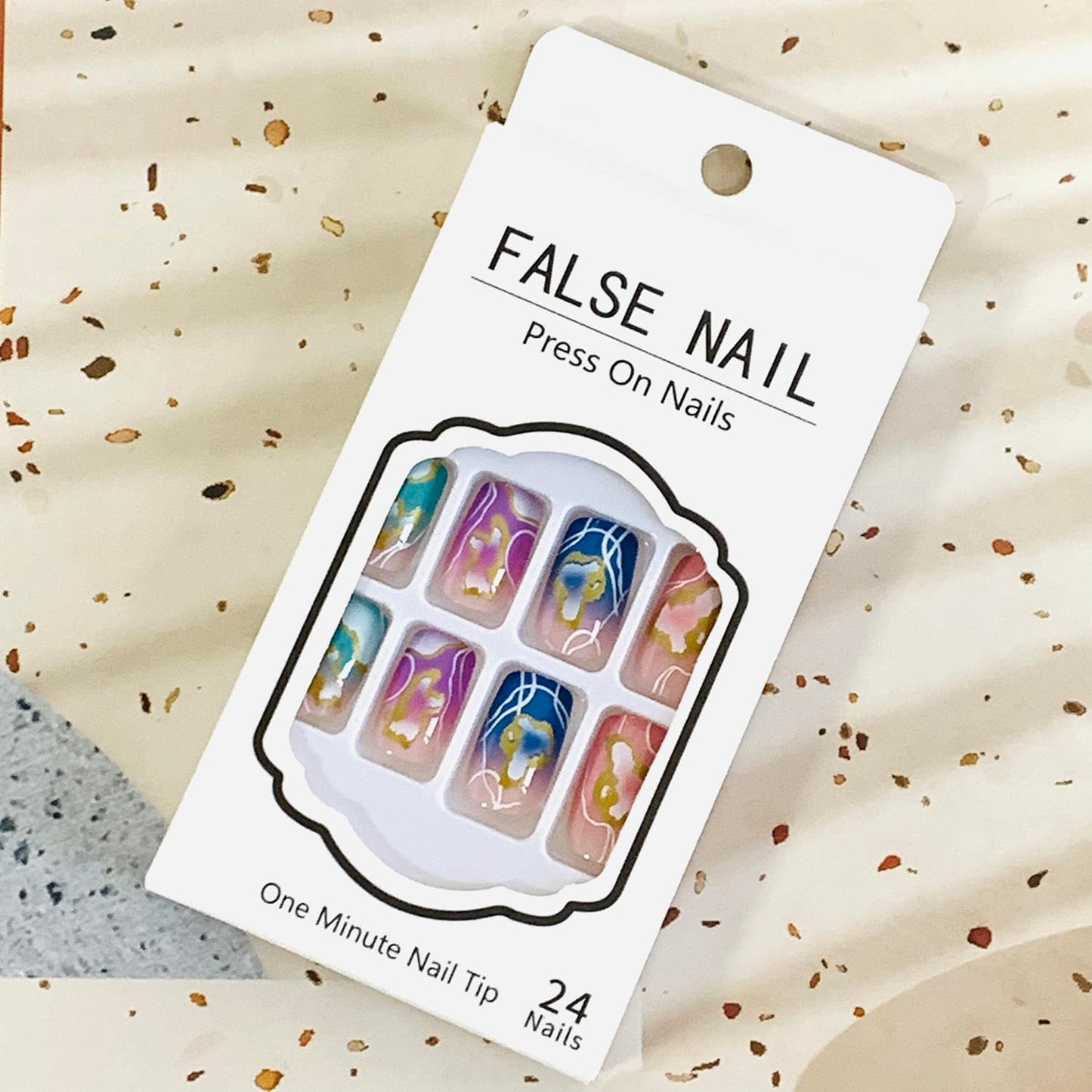 Vezocim Acrylic Square False Nails Sets, 24Pcs Pink Gradient Press on Nails Medium Coffin with Gold White Line Designs, Glossy Full Cover Artificial Fake Nails Glue Fingernails with Charm for Women