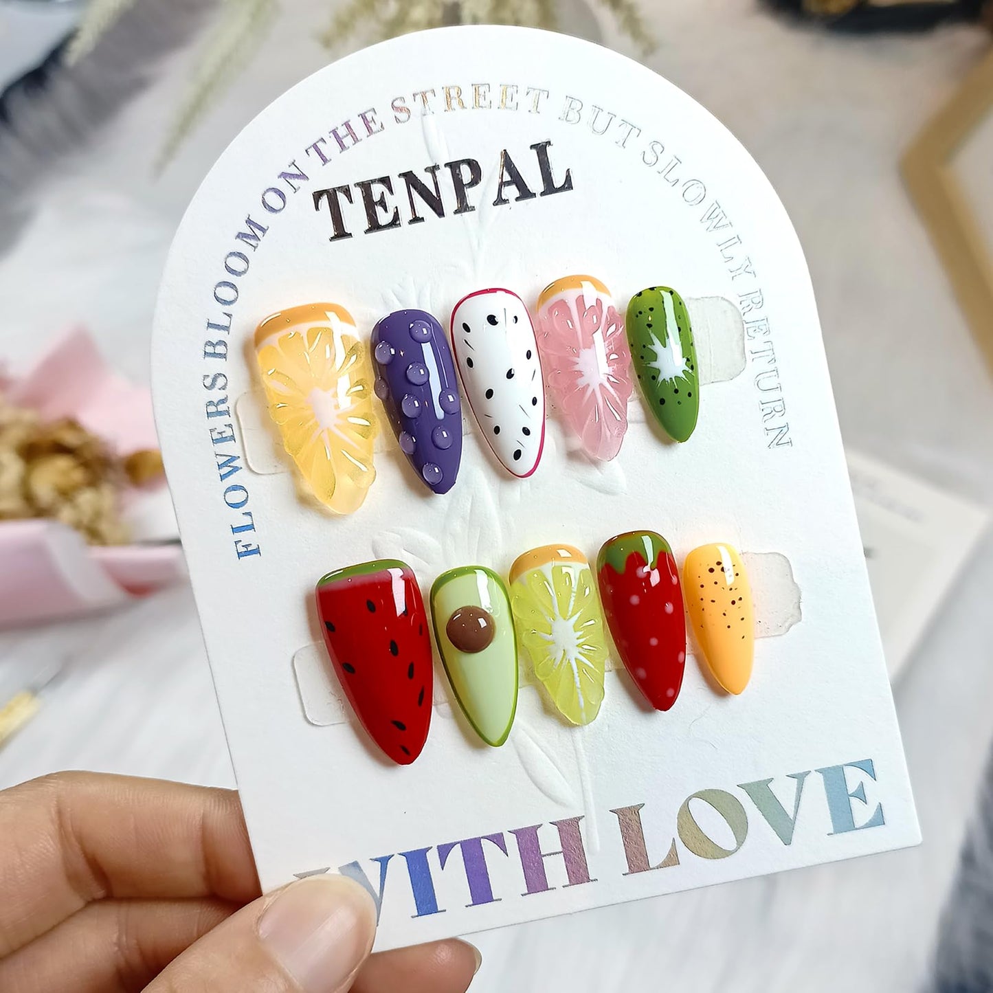 TENPAL Summer Fruit Press on Nails - Vibrant Almond Shaped Fake Nails with Kiwi, Watermelon & Avocado Designs | Reusable Colorful Nail Art for Women | Tropical Fruit Manicure Set (Medium Length,L)