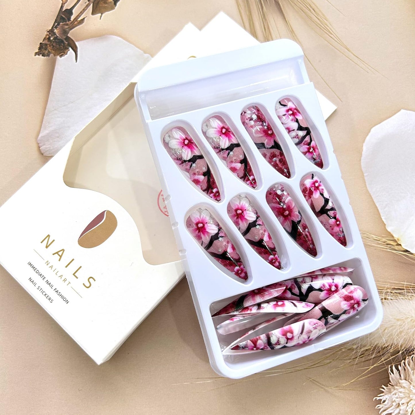 24Pcs Flower Press on Nails Long Length Pink Peach Blossom Pattern Design Full Cover Glossy Almond False Nail Spring Artificial Fake Nails Reusable Almond TipPress Ons Stick on Nail for Women