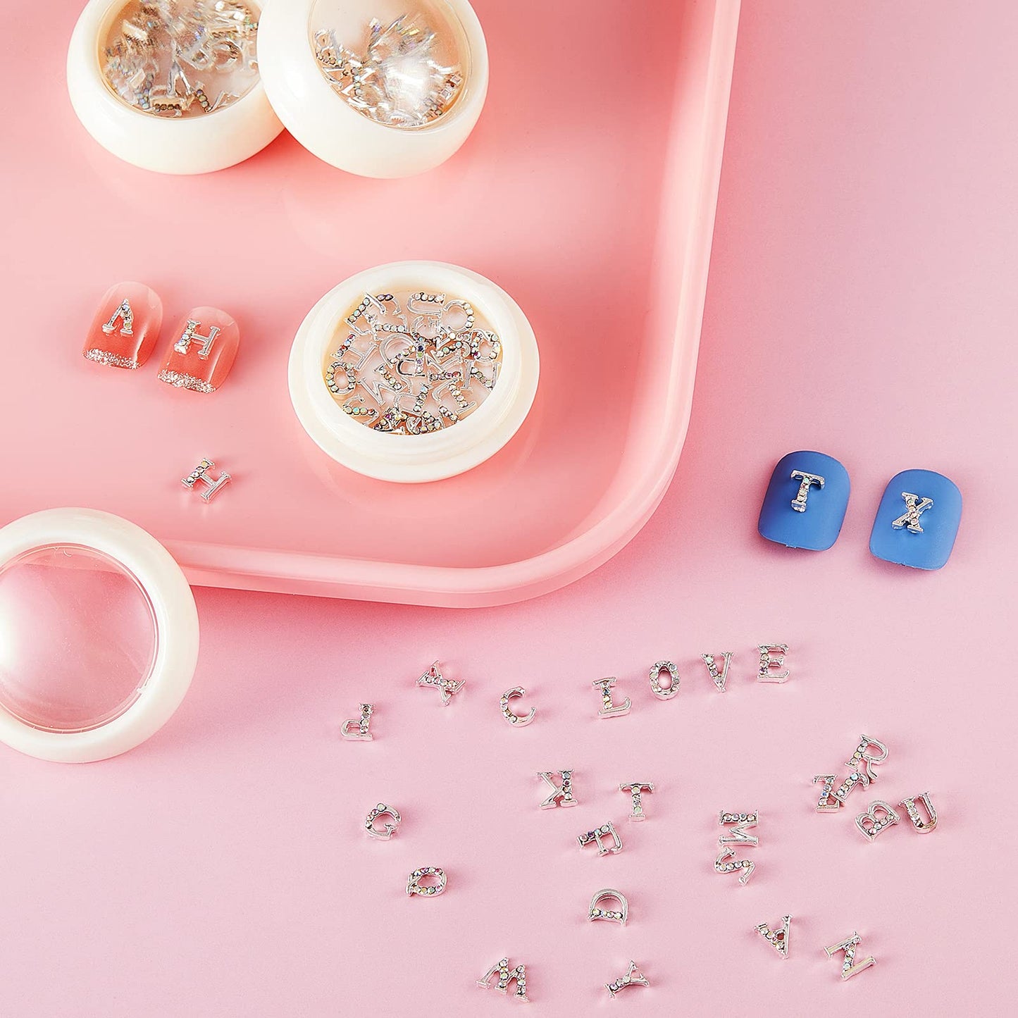 Maitys 104 Pieces Letter Nail Silver Studs 3D Capital Charms Letters and Rhinestone Crystal Nail Decals English Alphabet Fingernail Art Decoration for Women Female DIY Fingernail Art