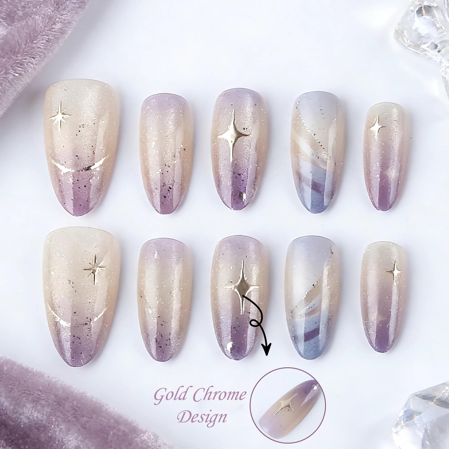 BABALAL Press On Nails, Medium Almond Fake Nails, Purple Blue Ombre With Gold Star, Glitter Finish Full Cover Glue On Nails For Women And Girls 24Pcs