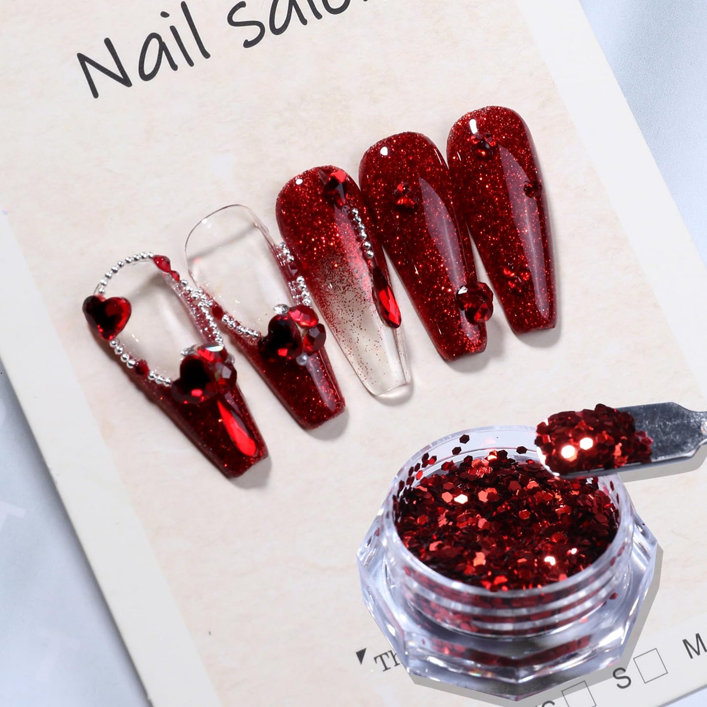 New Year Red Nail Art Glitters Nail Sequins 12 Boxes Holiday Nail Glitter Flakes 3D Red Series Hexagon Sugar Designs Nail Art Decoration Dipping Powder for Nails Supplies DIY Craft Accessories
