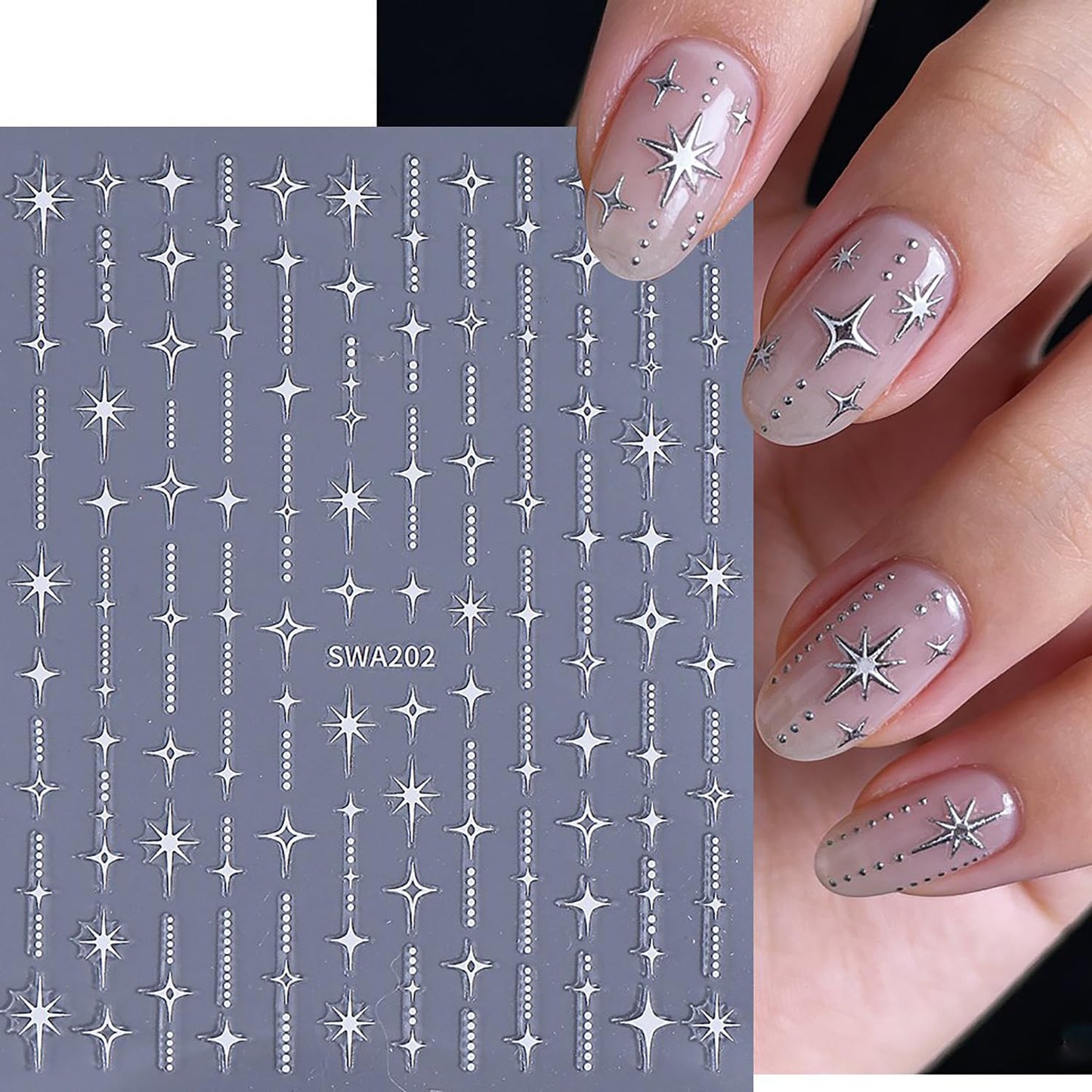 CJDLTS 6 Sheets Stars Nail Art Stickers 3D Self -Adhesive Gold Silver White Black Laser Stars Nail Decals Holographic Glitter Starlight Nails Stickers for Women Acrylic Nails Decoration Supplies