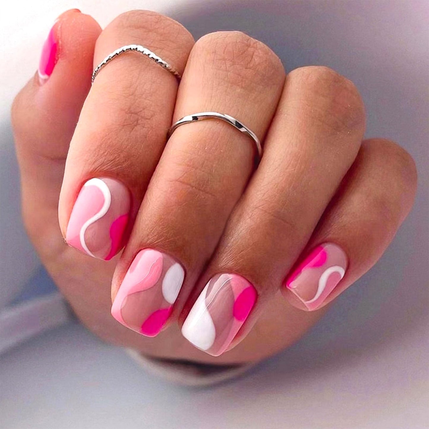 Square Press on Nails Short False Nails Rose Red with White Curve Glue on Nails Nude Full Cover Fake Nails Press ons Glossy Acrylic Nails Artificial Stick on Nails for Women 24Pcs
