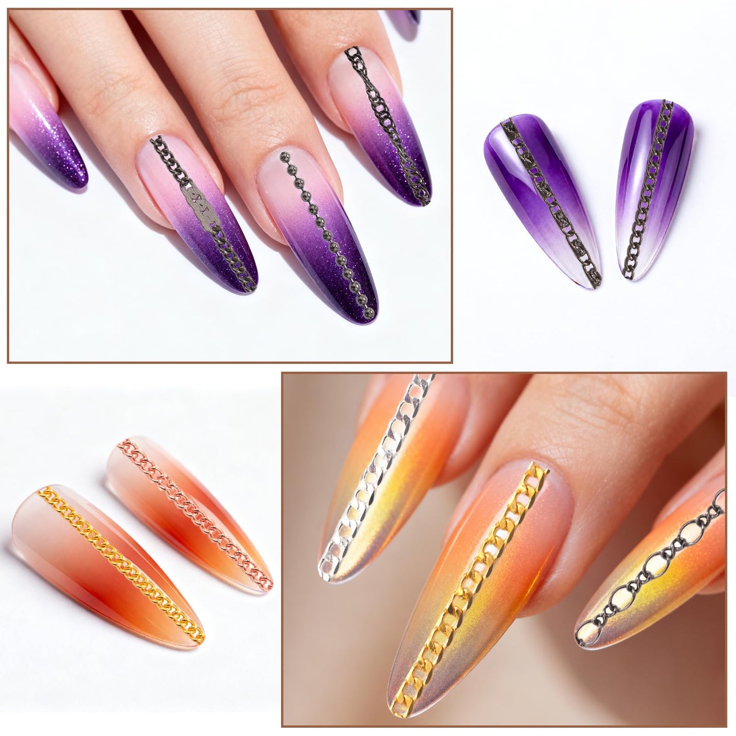 DANNEASY 24 Strips Nail Chain Charms, 3d Chain Nail Charms, Black Gold Silver Nail Art Chains Metal Nail Jewelry Chains for Manicure Decoration DIY Nails Accessories
