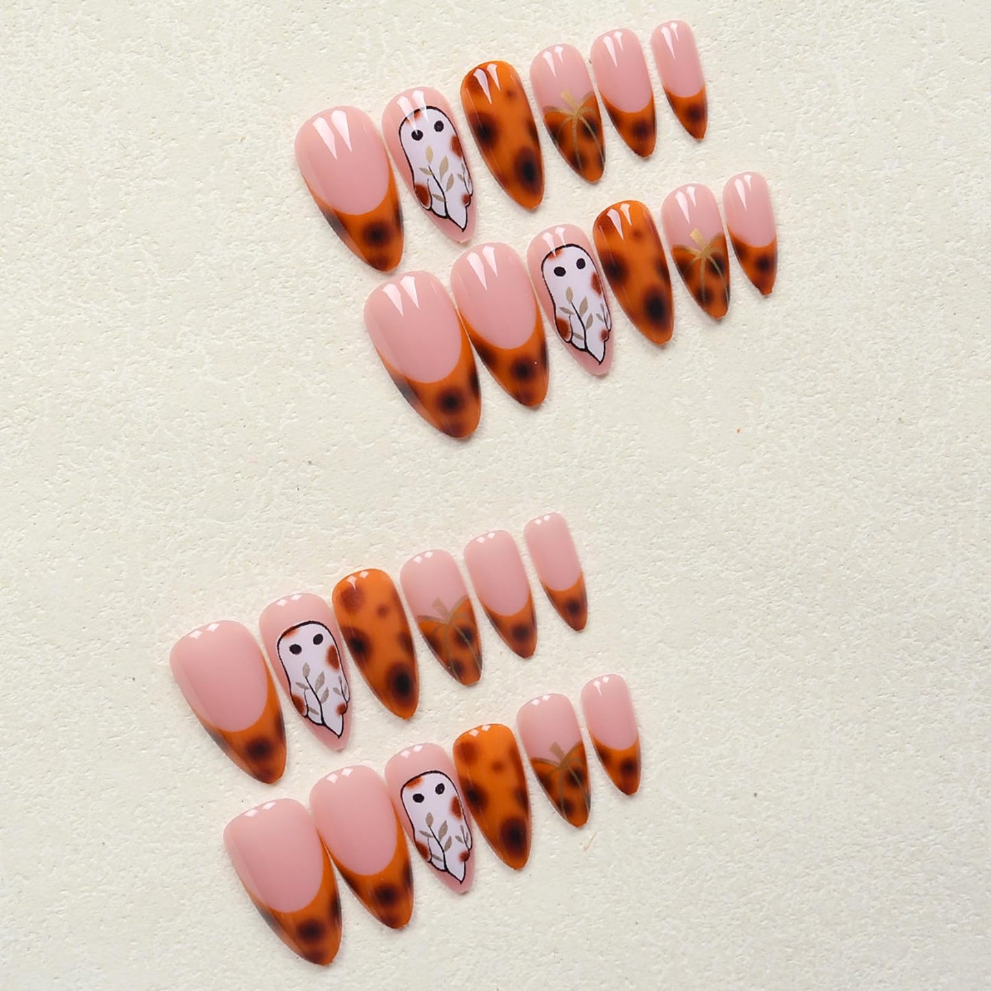 24Pcs Cute French Tip Press on Nails Short Almond Fake Nails Fall Halloween False Nails with Leopard Pumpkin Design Glossy Full Cover Halloween Ghost Nails Autumn Reusable Stick on Nail for Women