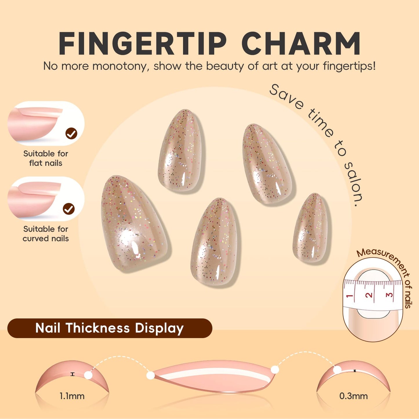 HOSAILY Short Almond Press on Nails, Nude Pink Cat Eye Glitter Sparkle, Daily Elegant Cute Versatile Fake Nails for Women, 24pcs Glossy Shimmer Shiny Artificial False Nail Press Ons with Bling Design
