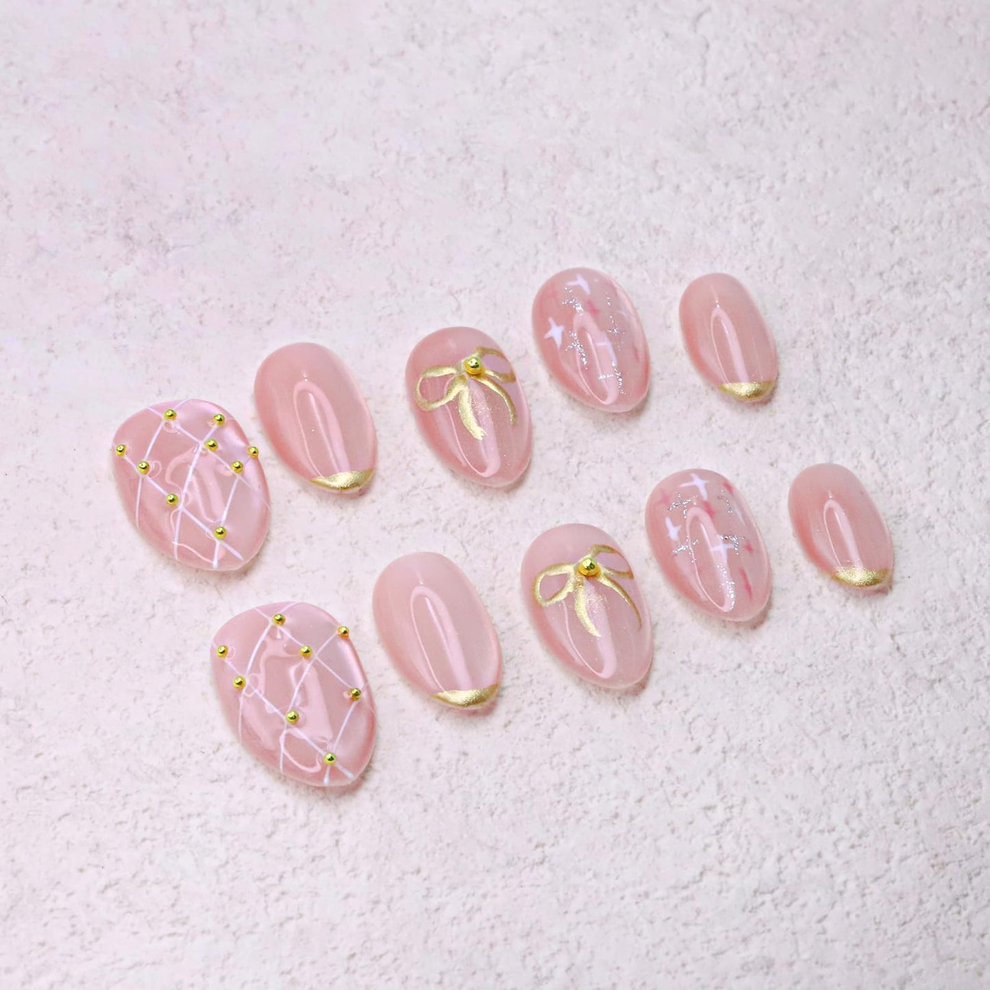 Pink Press on Nails Thick and Muti-Layer Gel Fake Nails Bow French Tip False Nails with Bow Star Design White Hand-draw Lines Stick on Nails Full Cover Artificial Nail for Women DIY (Size M)
