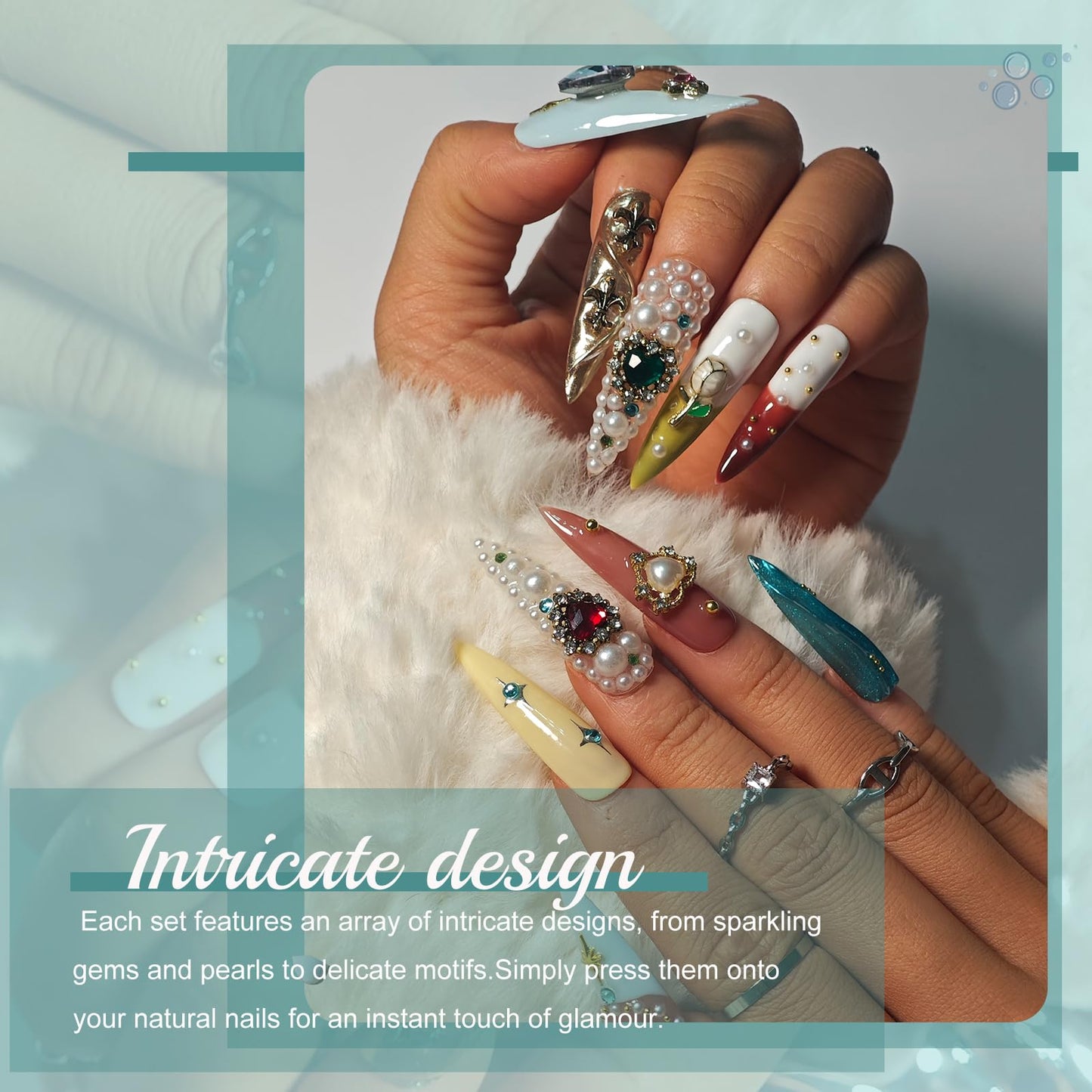 Handmade Press On Nails Stiletto, French Tip Press On Nails Long, Rhinestone Pearl 3D Nails For Women Gift, Reusable Stick On Fake Nails Kit With Nail Glue (Multicolor, S)