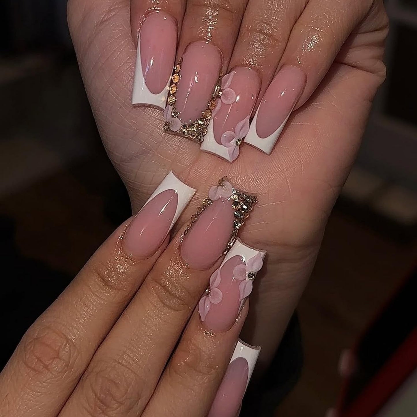 Handmade Press on Nails with Charms Long Square Nails Press ons White French Tips False Nail Rhinestone Charms Designs Flower Press on Nails for Women Girls Daily Wear DIY Manicure (S)