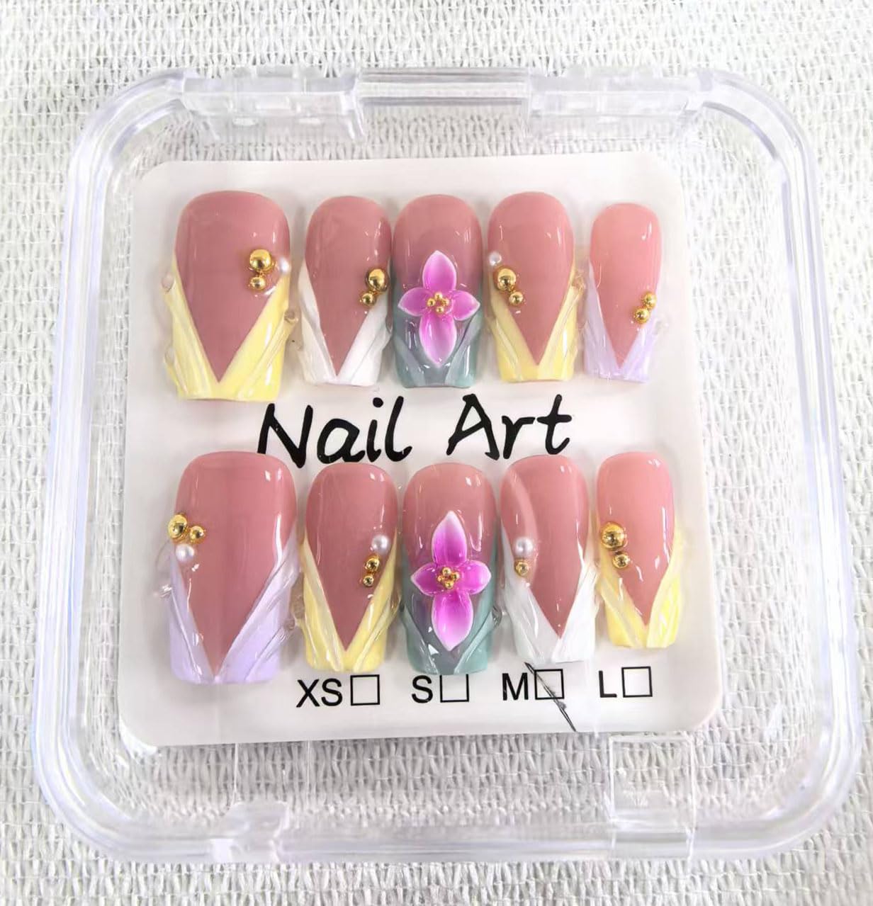 Medium Square Press on Nails Handmade Fake Nails Pink French Tip with 3D Flower Designs Pearl Charm luxury Glossy Cute Acrylic Nails for Women 10pcs (Size M）
