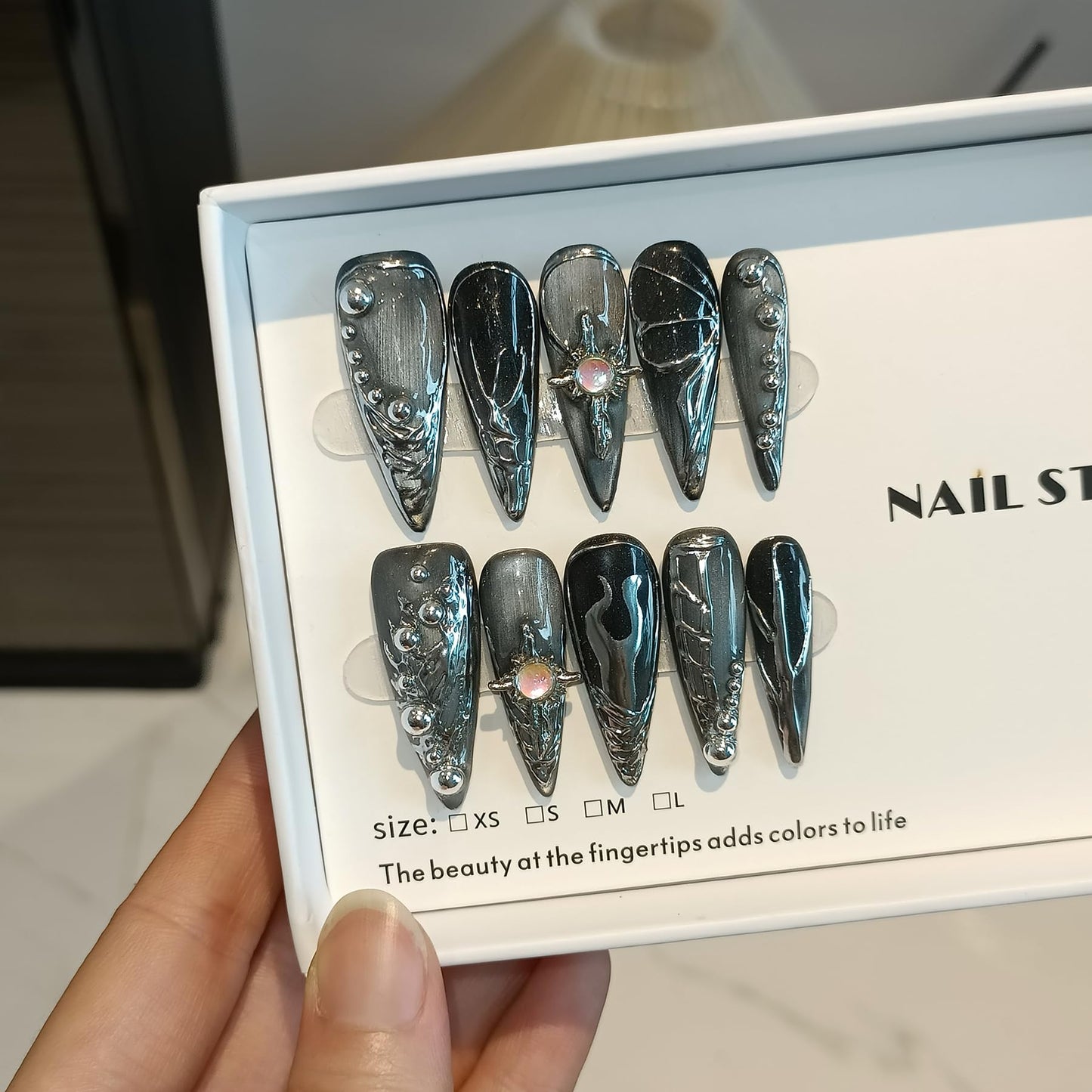 TENPAL Cat Eye Black & Mirror Powder Gradient Obsidian Press on Nails Long Stiletto,Hand-Painted Butterfly & Meteor Designs Fake Nails with Tools,3D Crystal Gothic Punk Nail Kit with Tools 10pcs(L)