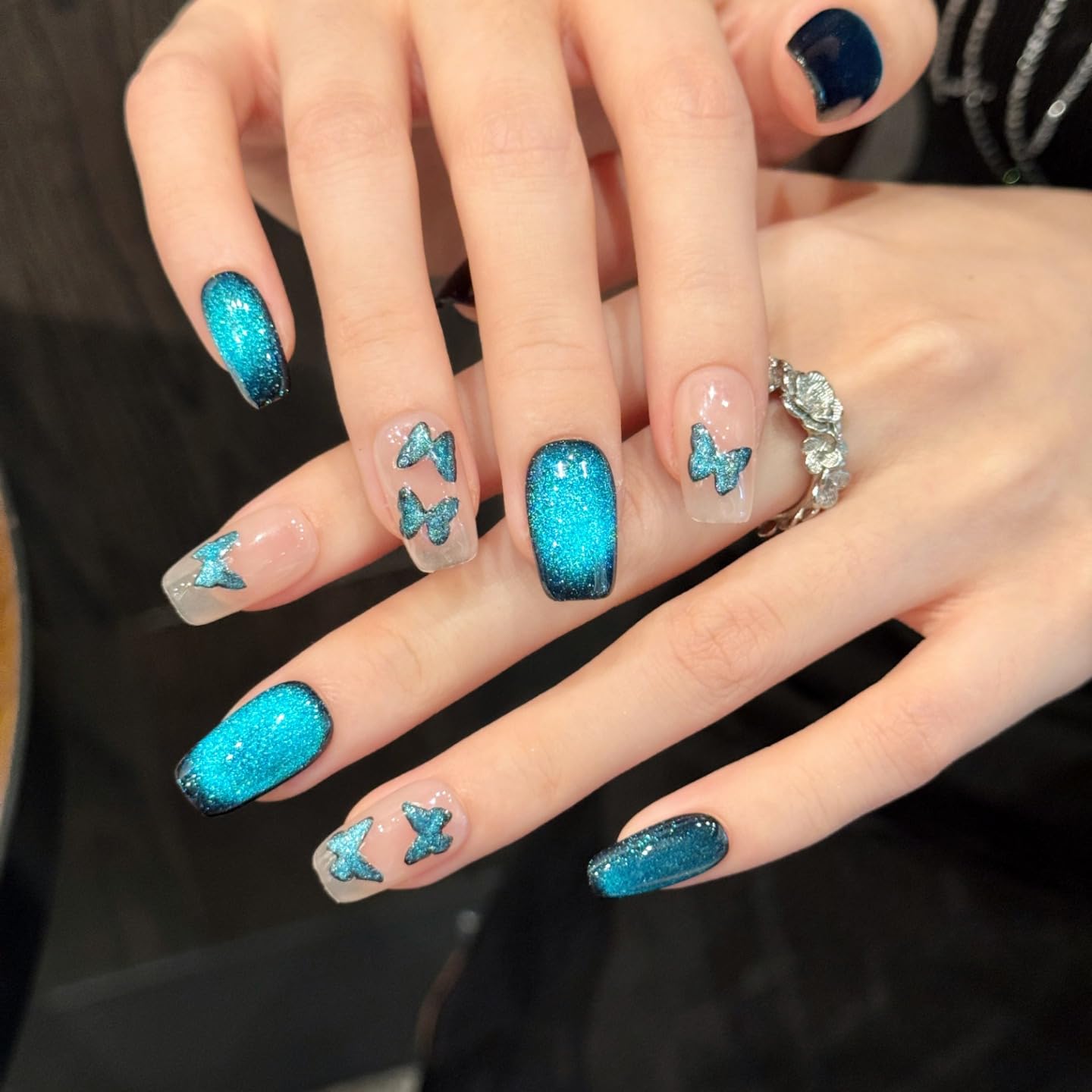 Yacey Butterfly Handmade Press on Nails, Medium Square Reusable False Nails Press Ons, Luxury Blue Cat Eyes Thick Acrylic Fake Nails, 3D Bling Glue on Nails for Women Girls (10 Pcs, M)