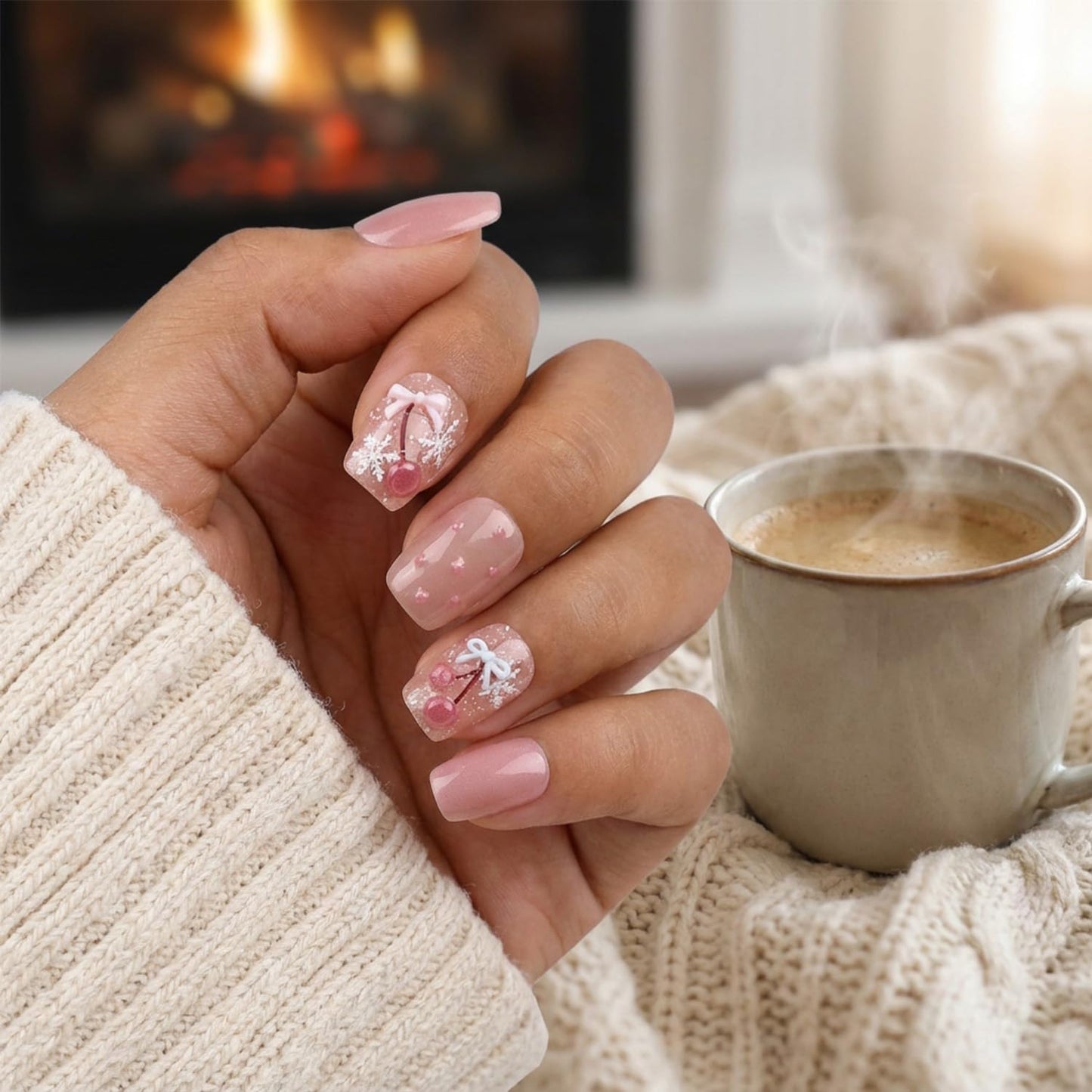 3D Bow & Cherry Press On Nails, Nude Pink Short Square Fake Nails with Snowflake Design, Glossy Cute On Nails for Women, 30PCS Set (The sizing runs small)