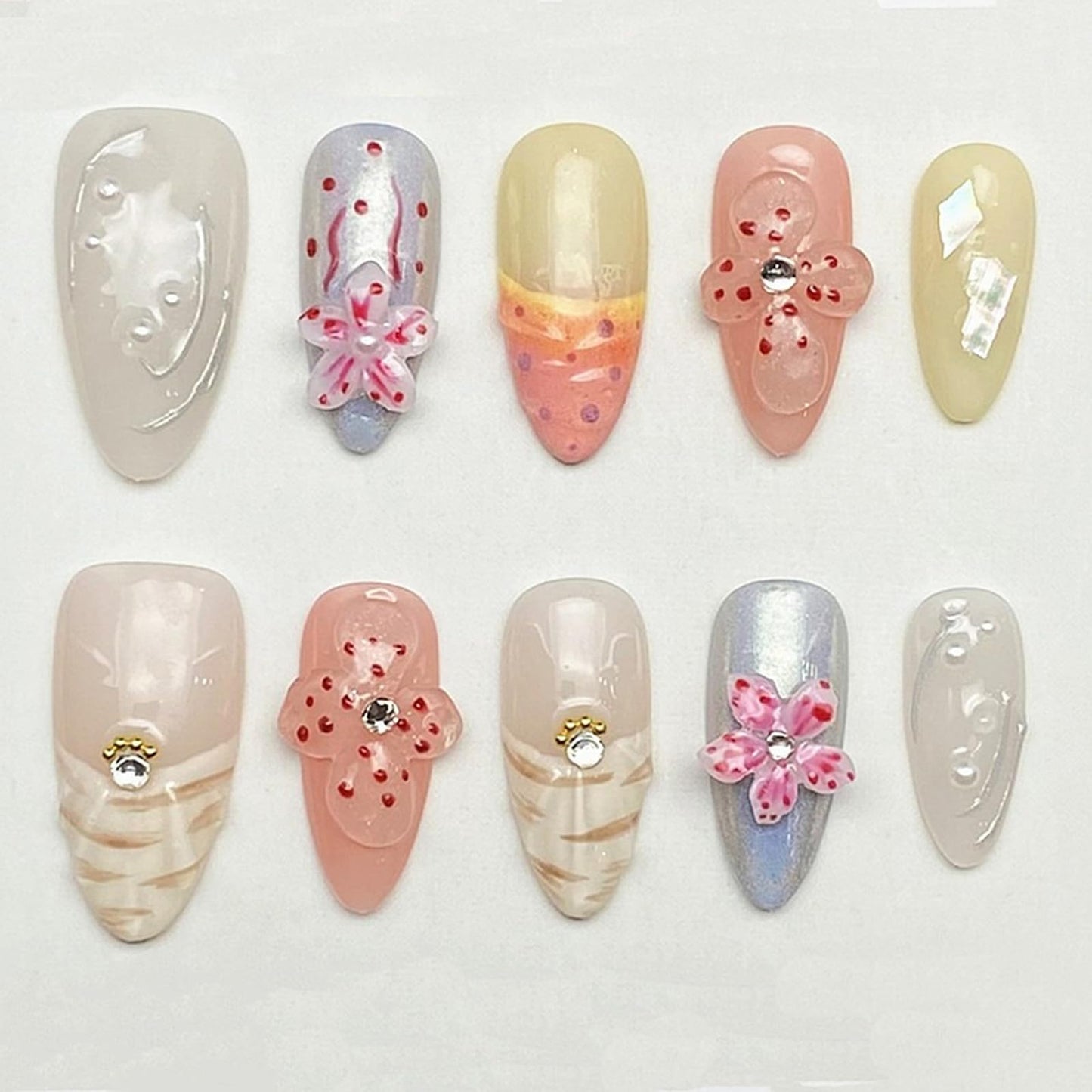 Handmade Press on Nails Medium Almond 3D Flower Fake Nails Unique False Nails with Designs Rhinestones Pearls Glossy Glue on Reusable Thick Acrylic Nails 10Pcs (S)