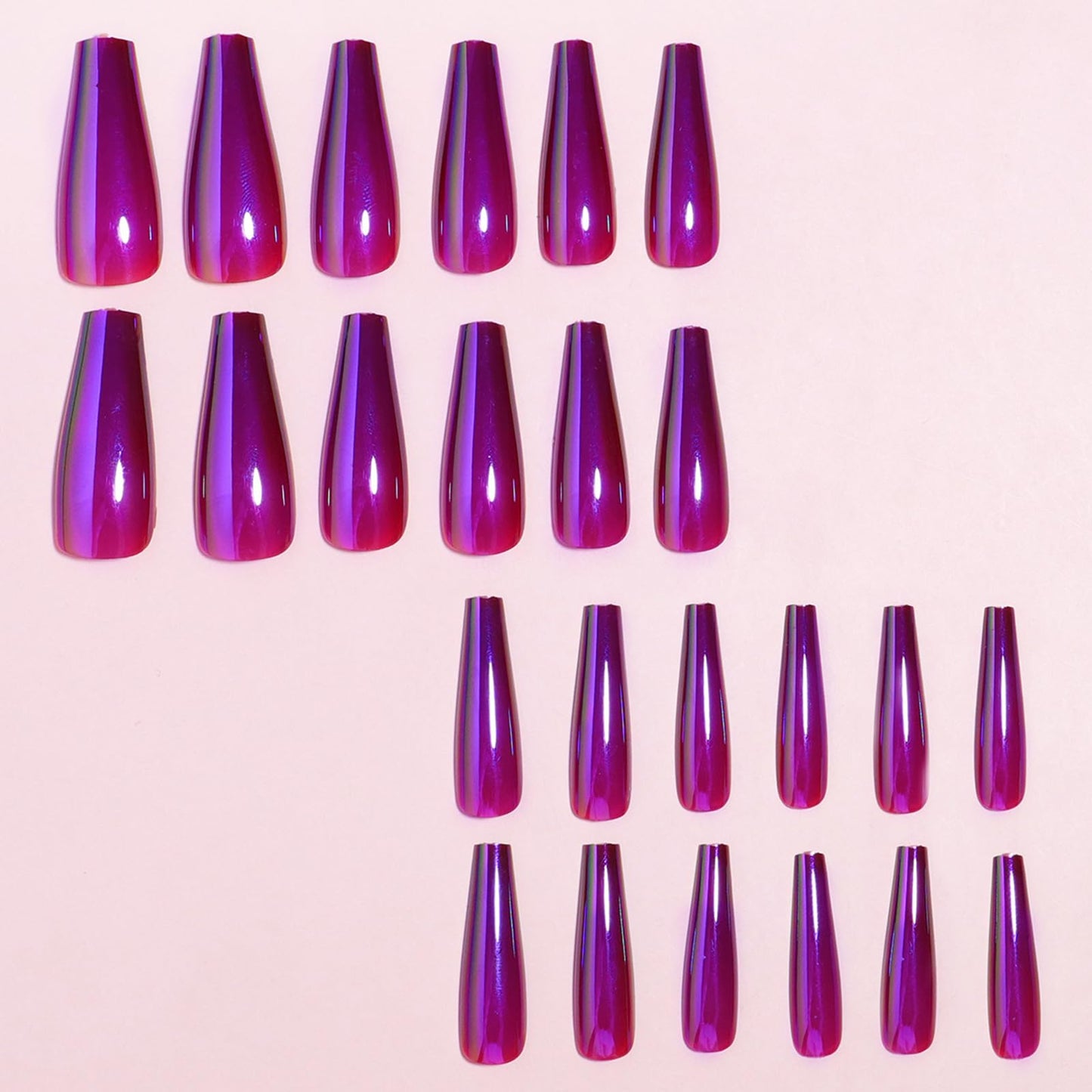 Chrome Press on Nails Long Coffin Fake Nails Deep Purple Glossy False Nails Shiny Acrylic Nail Tips Holographic Metal Glue on Nails Reusable Full Cover Acrylic Stick on Nail for Women 24Pcs